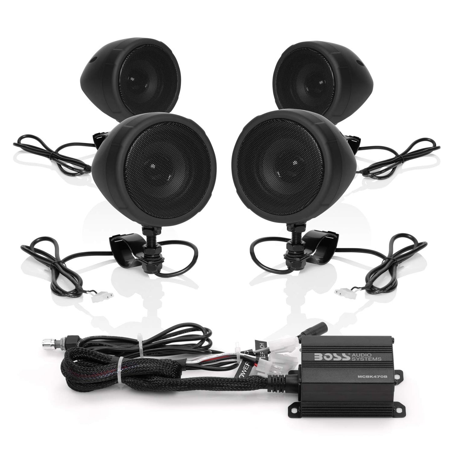 BOSS Audio MCBK470B Black 1000 Watt Motorcycle/ATV Sound System with Bluetooth Audio Streaming, Two Pairs of 3 Inch Weather Proof Speakers, Aux Input and Volume Control