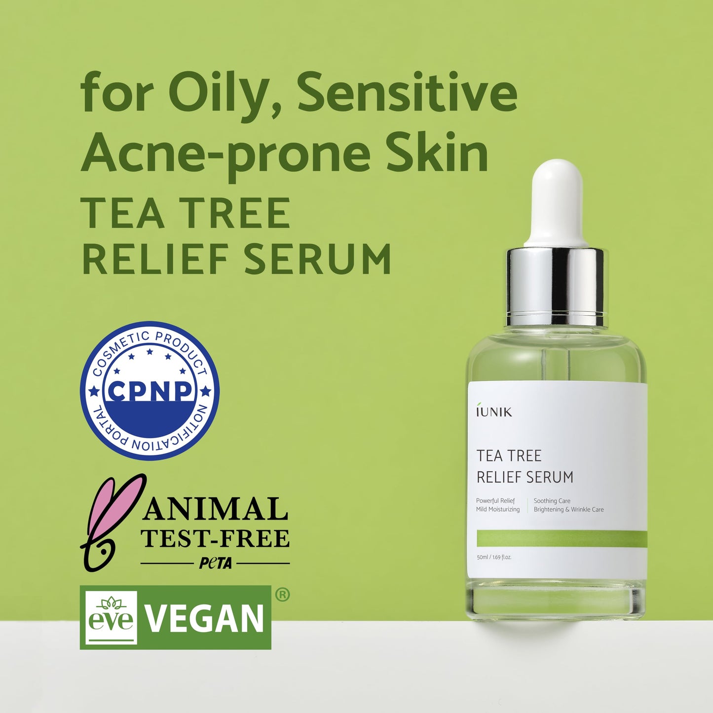 IUNIK Suero facial natural para alivio del árbol de té, 1.69 onzas líquidas, piel transparente, suero vegano, propenso al acné, piel sensible a la rosácea, imperfecciones, ingredientes a base de plantas, árbol de té, 67% centella asiática, certificado veg