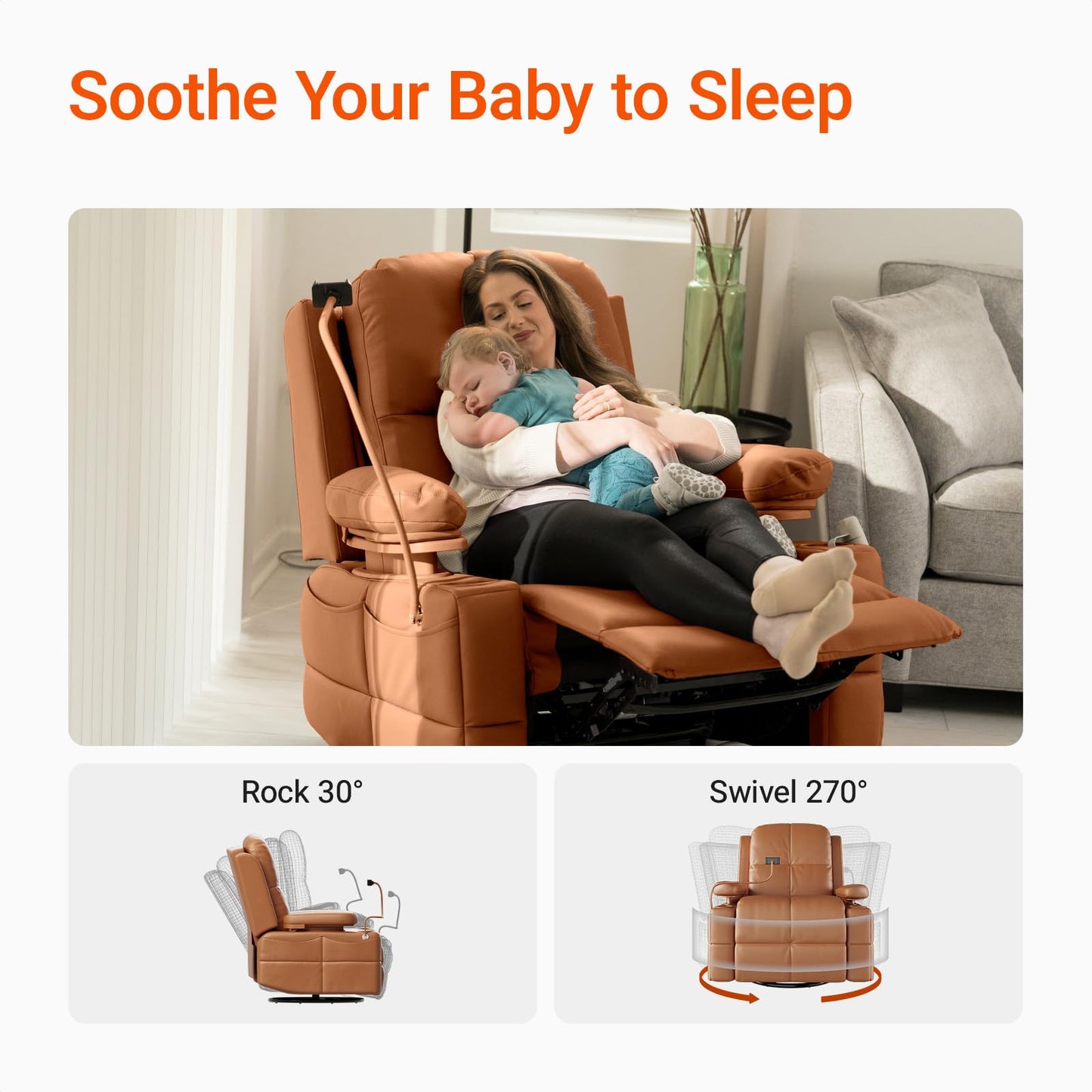 MAMAZING - Silla mecedora para guardería con reposabrazos ajustables, silla reclinable con planeador eléctrico para lactancia, silla reclinable giratoria con puerto USB y almacenamiento, certificado
