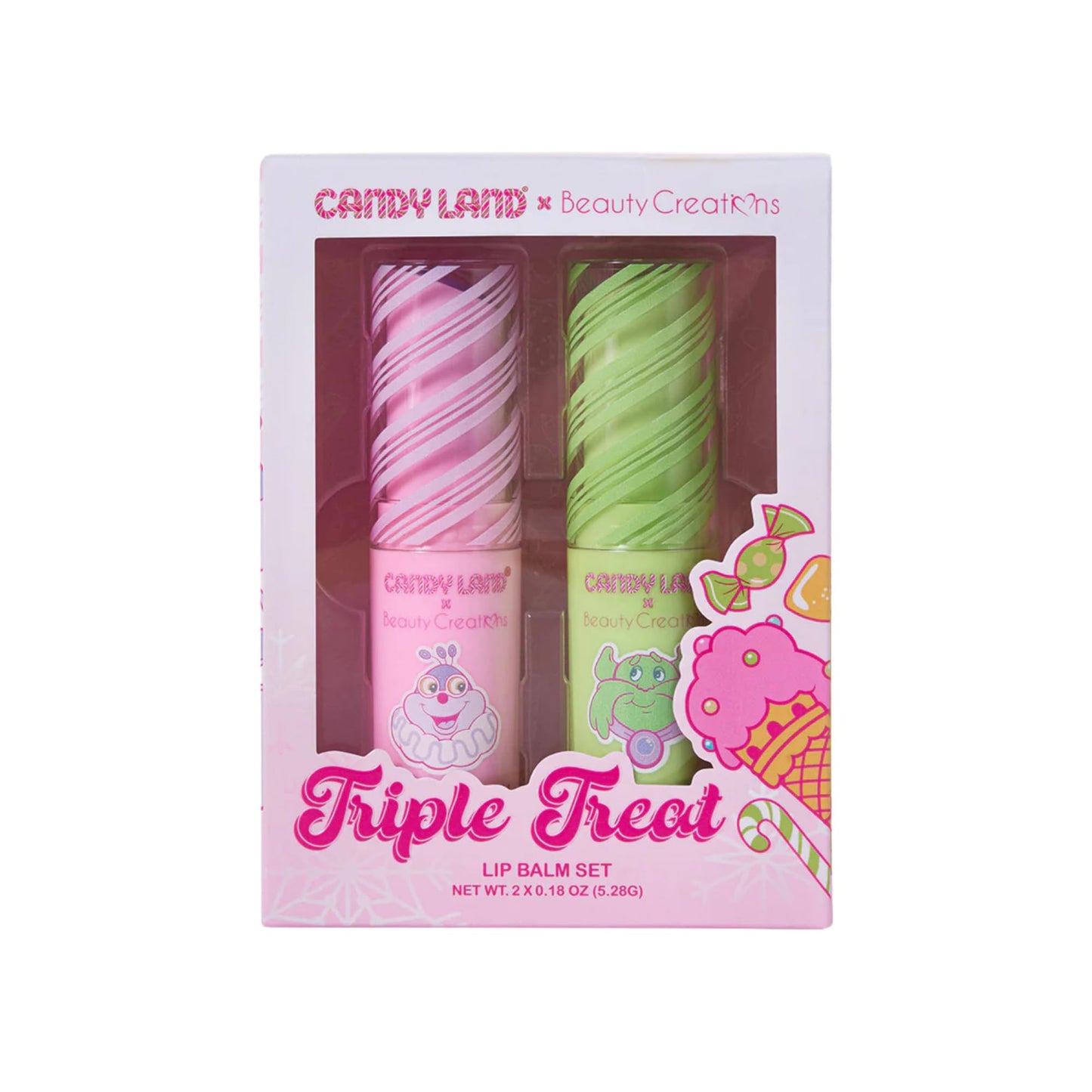 Beauty Creations - Set de Bálsamos Labiales, Candy Land Triple Treat, con Vitamina E, Jojoba y Manteca de Karité, Aromas Dulces y Ácidos, Edición Limitada