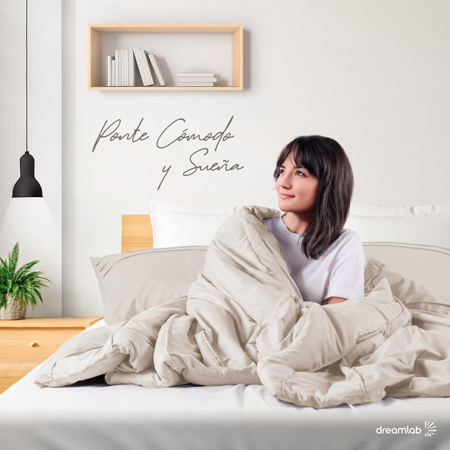 Juego Edredón Queen Dreamlab Beige Ultra Suave Hipoalergénico Reversible Plisado