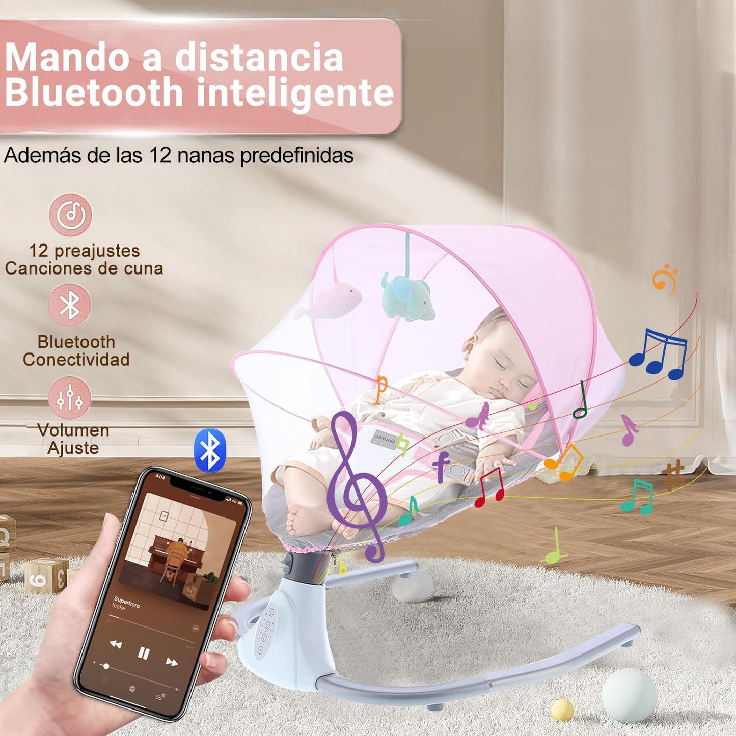 Mecedora Eléctrica AMIARYA Rosa con Mando a Distancia y Bluetooth para Bebé