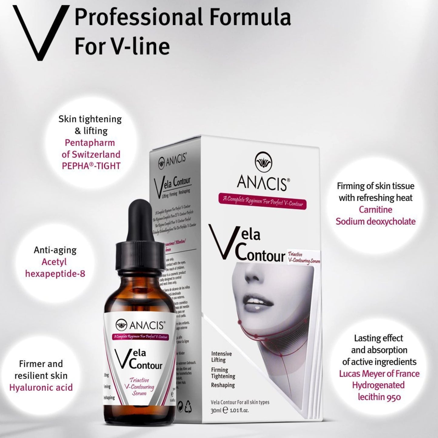 Neck Firming and Tightening, Lifting V line Serum, Chin contouring, Reduce Appearance of Double Chin, Loose and Sagging Skin. Vela Contour 30 Ml