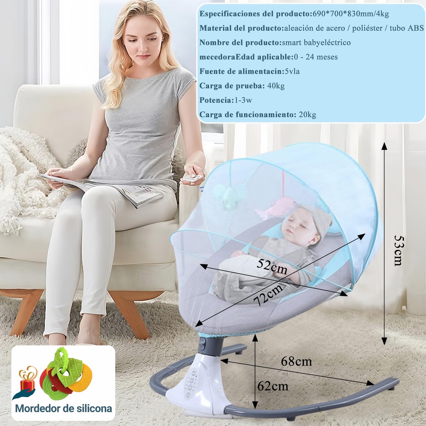 Mecedora Eléctrica AMIARYA Azul con Mando a Distancia y Bluetooth para Bebé