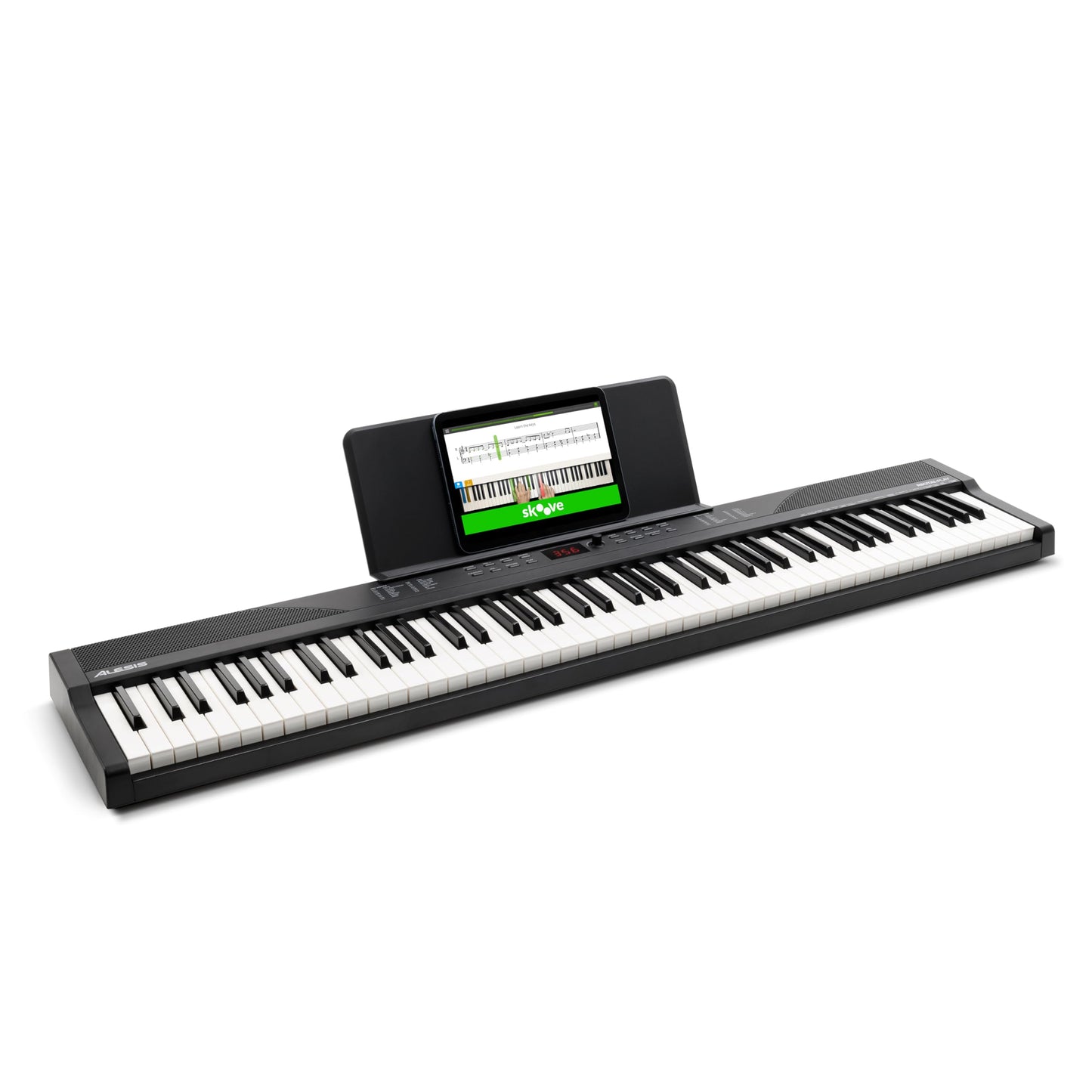 Alesis Teclado piano con 88 teclas y 480 sonidos, altavoces, MIDI USB, atril, adaptador de corriente y lecciones de piano para principiantes