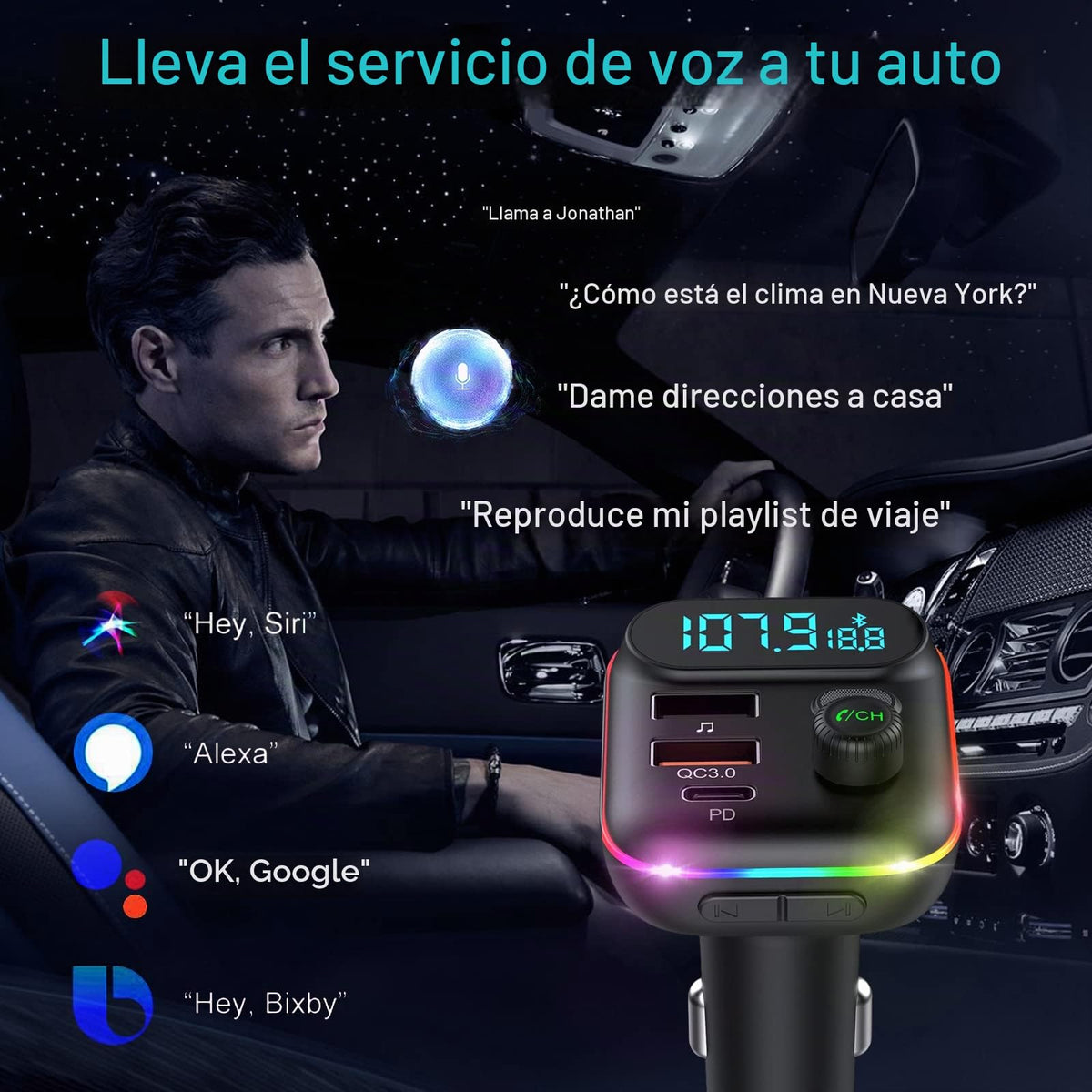 Transmisor FM Bluetooth 5.0 para Coche con Puertos USB Duales y Cargador Rápido PD+QC3.0, Micrófono Mejorado