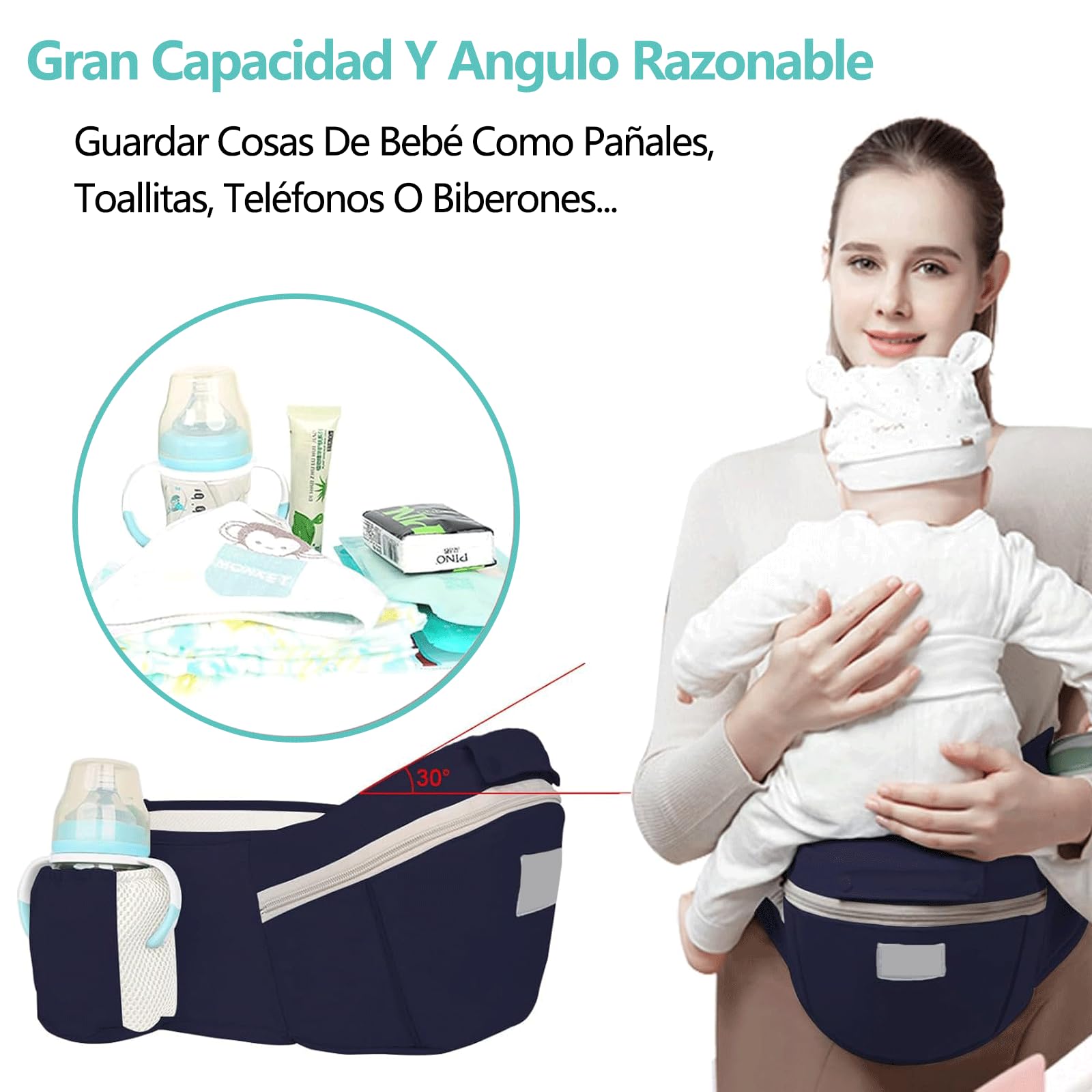 Mochila Portabebé Multiusos Asiento de Cadera Azul Oscuro Ajustable y Transpirable