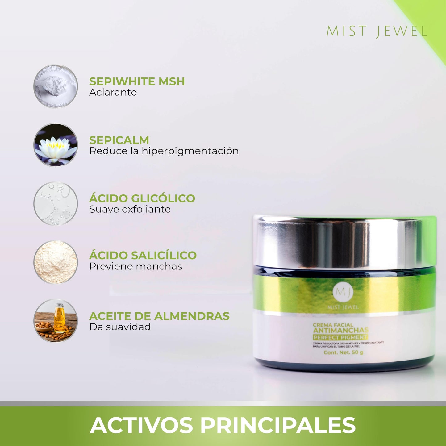 Crema Reductora Mist Jewel Aclaradora de Pigmentación con Ácido Glicólico y Salicílico para Manchas Faciales en la Piel 50g