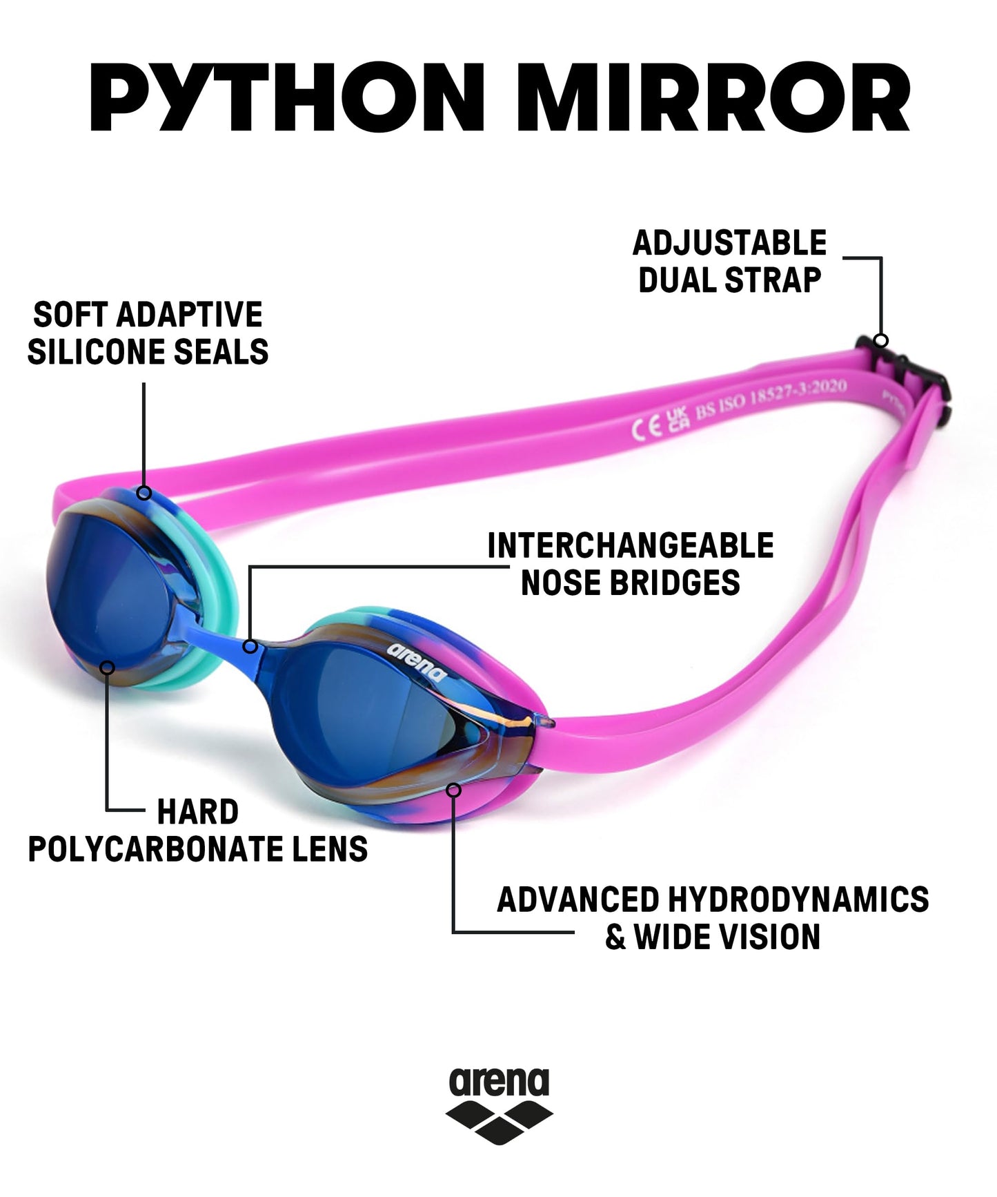 ARENA - anteojos de natación unisex para adultos, para hombres y mujeres, lentes de espejo antivaho, máxima comodidad, doble correa, azul/magenta/azul