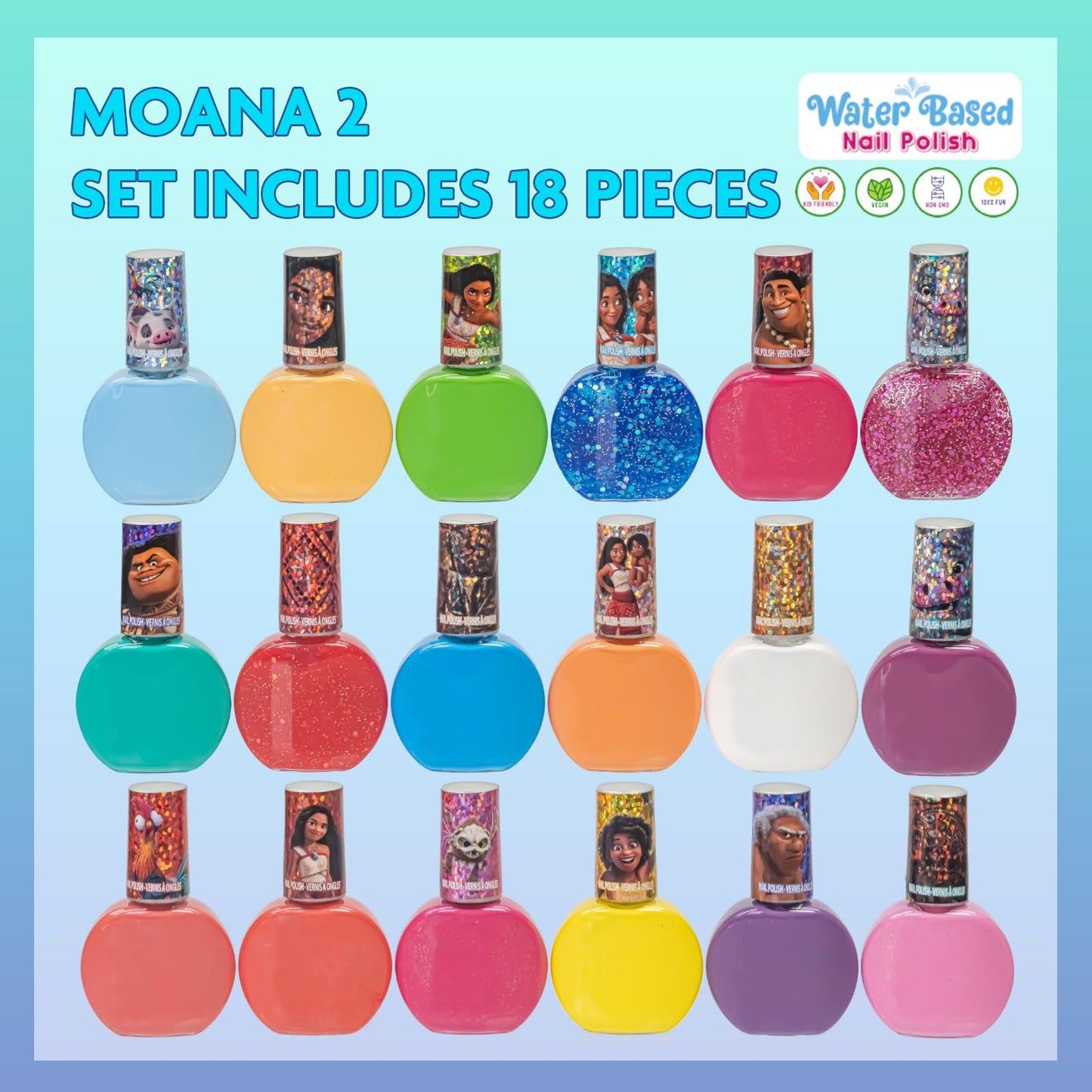 Moana 18 piezas base de agua seguro kit de esmalte de uñas de secado rápido | Juego de pintura de uñas para regalo de cumpleaños para niñas, colores brillantes y opacos| Niños mayores de 3 años