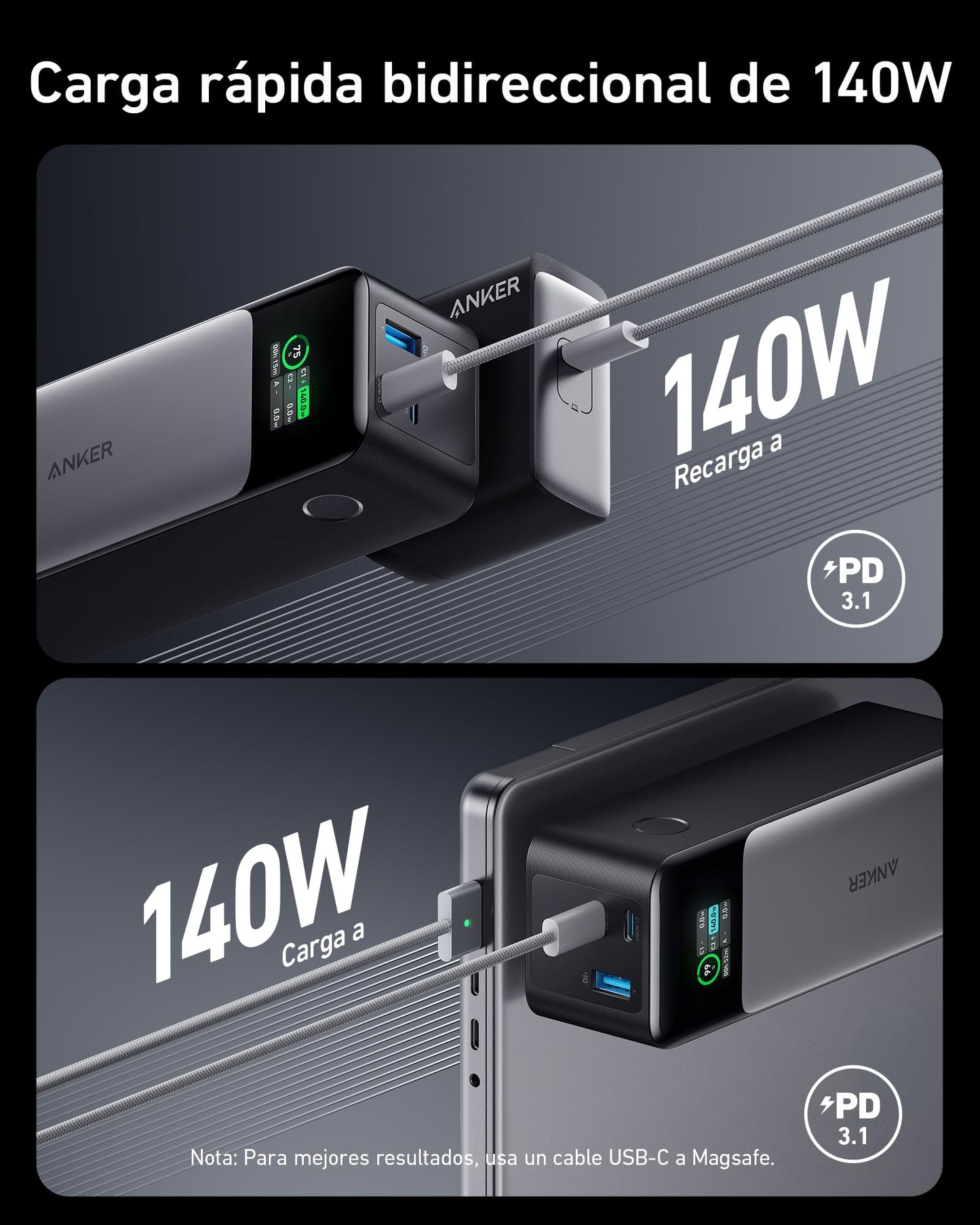 Anker Power Bank de 24,000 mAh con 3 Puertos y Salida de 140W, Pantalla Digital Inteligente, Cargador Portátil Compatible con iPhone 16/15/14, Samsung, MacBook, DELL y más