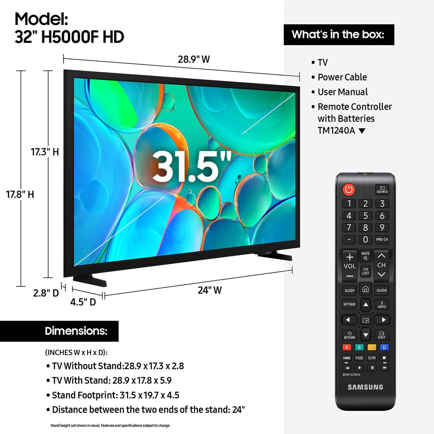 Samsung Smart TV de 32 Pulgadas Clase HD H5000F (Modelo 2025) HDR, Seguimiento de Objetos Sound Lite, Knox Security, One UI Tizen