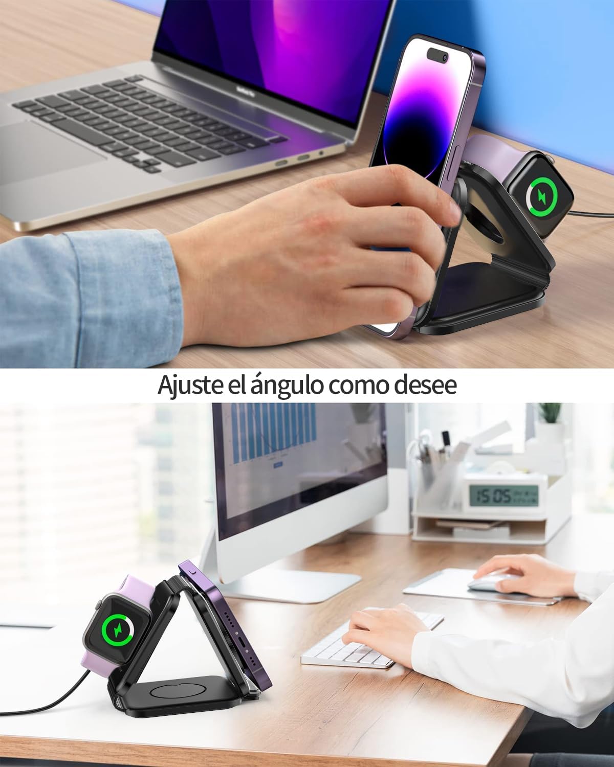 Blackultra Cargador Inalámbrico 3 en 1 15W Cargador Induccion Magnética Cargado Inalámbrico Compatible con iPhone 16 Pro MAX Plus 15 14 13 12 para Apple Watch,AirPods