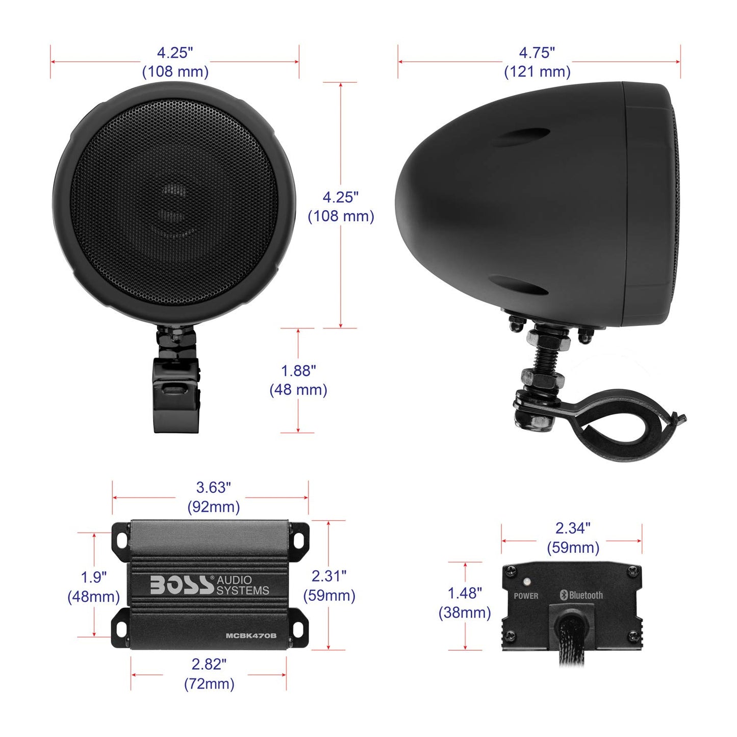 BOSS Audio MCBK470B Black 1000 Watt Motorcycle/ATV Sound System with Bluetooth Audio Streaming, Two Pairs of 3 Inch Weather Proof Speakers, Aux Input and Volume Control