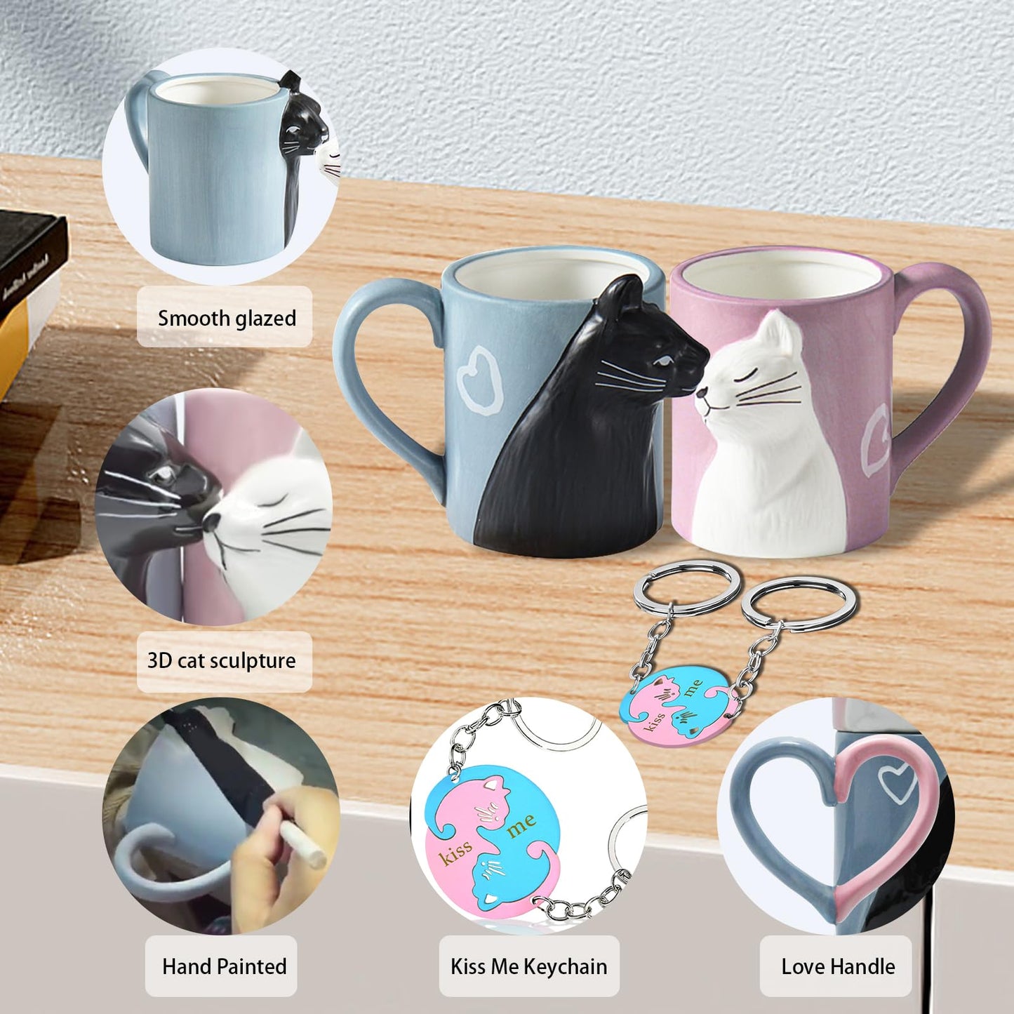 Juego de tazas de café con diseño de gato beso, juego de tazas de cerámica para novia y novio, regalo a juego para cumpleaños, aniversario, boda, compromiso, día de San Valentín, novia, esposa (taza de gato)