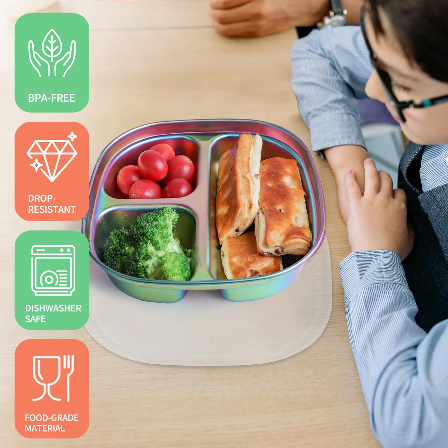 AODPWEN - Juego de platos de acero inoxidable para niños, juego de platos y cuencos para niños pequeños con cuchillo, tenedor, cuchara y taza, manteles individuales verdes