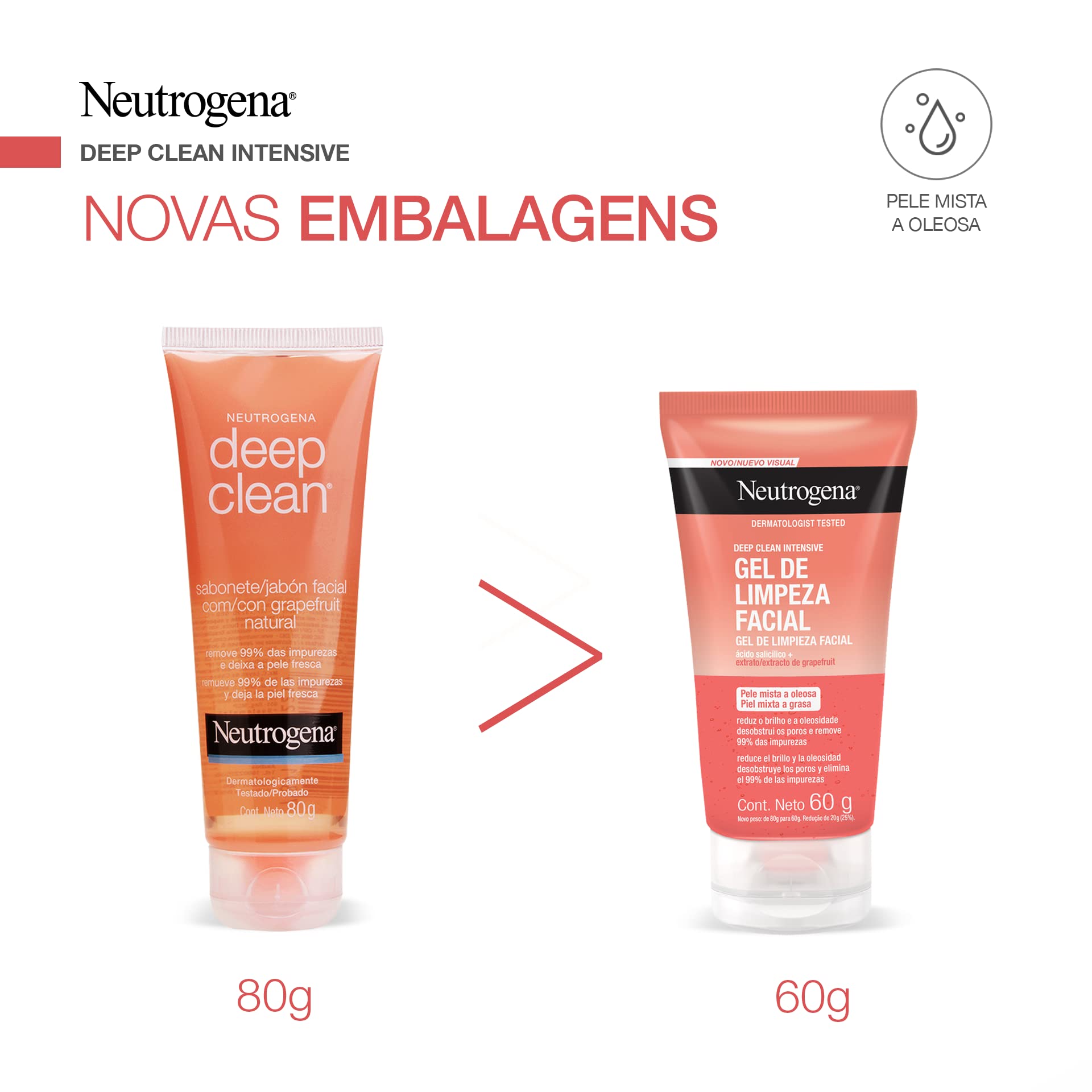 Gel Limpiador Facial Neutrogena Deep Clean Intensive Toronja Ácido Salicílico 60 ml + Crema corporal en gel Hydro Boost Ácido Hialurónico 400 ml