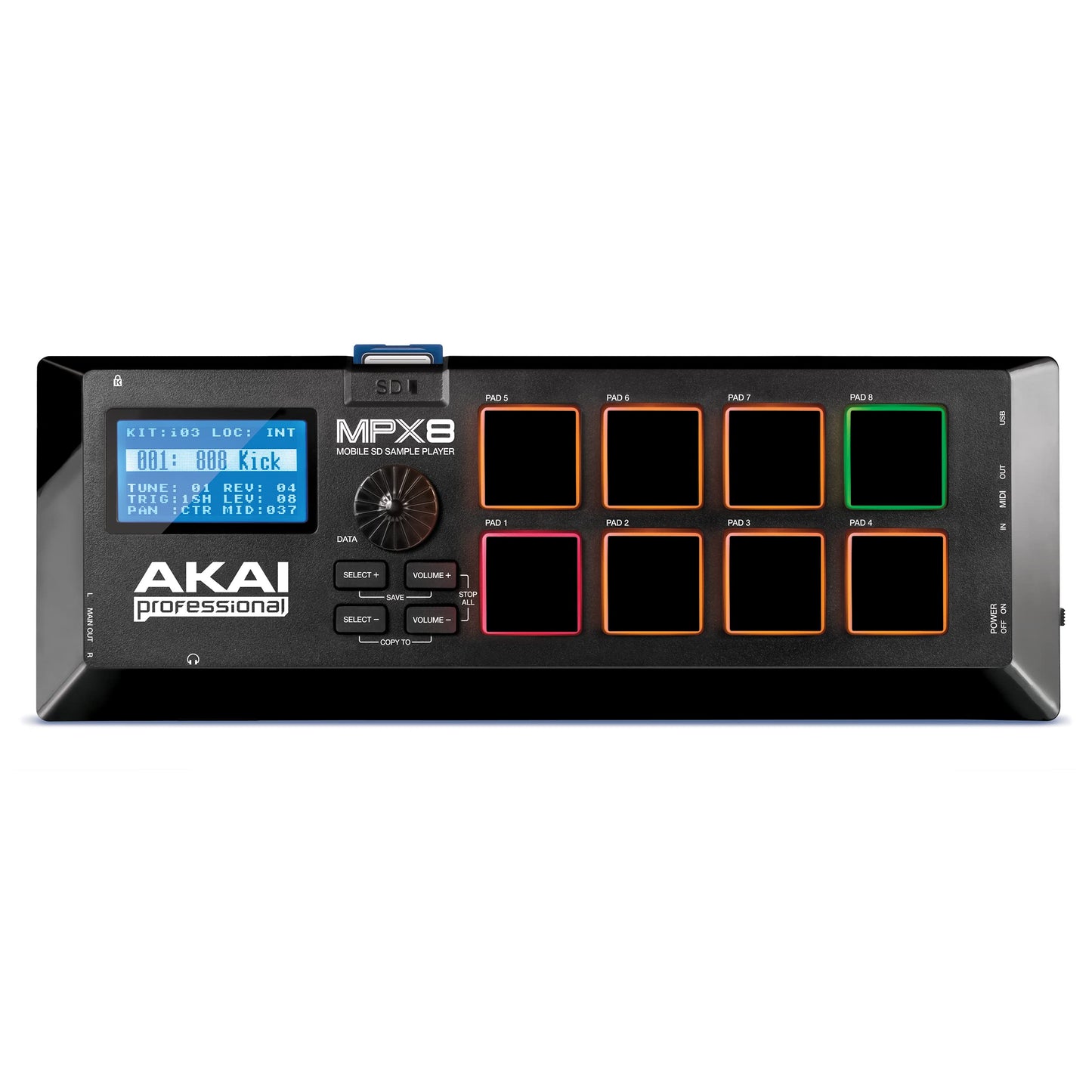 AKAI Professional MPX8 - Controlador MIDI y lanzador de samples portátil USB con 8 pads sensibles a la velocidad y ranura para tarjeta SD