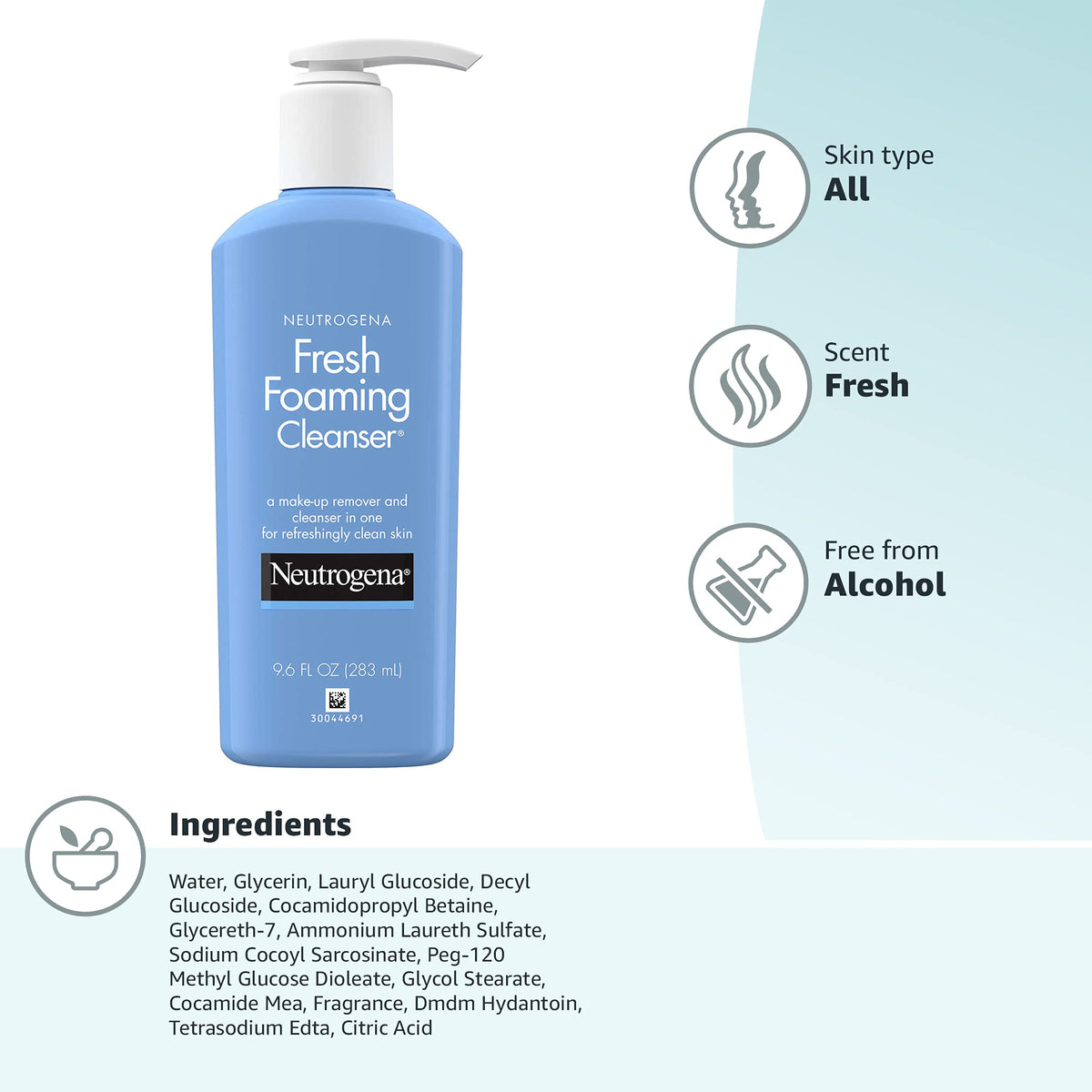 Neutrogena Fresh Foaming Facial Cleanser & Makeup Remover with Glycerin, Oil-, Soap- & Alcohol-Free Daily Face Wash Removes Dirt, Oil & Waterproof Makeup, Non-Comedogenic, 9.6 fl. oz