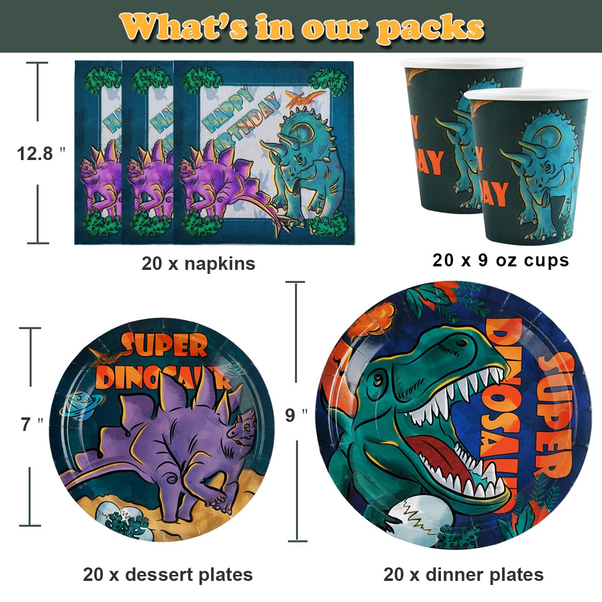Juego de vajilla para fiesta de cumpleaños de dinosaurios para niños, 20 invitados, kit de suministros para fiesta de cumpleaños de dinosaurio, incluye platos de fiesta de dinosaurio, servilletas, tazas