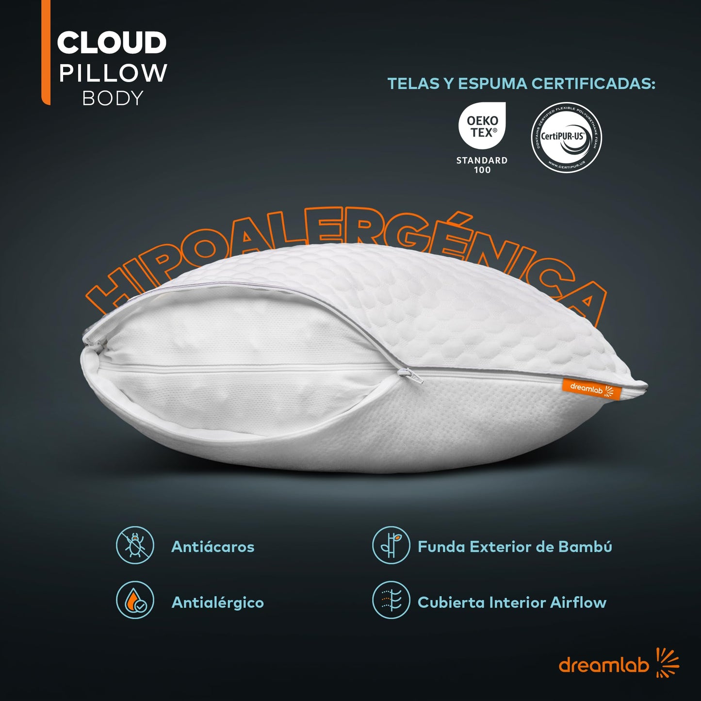 Almohada Corporal Dreamlab Bambú Altura Ajustable y Memory Foam Hipoalergénica
