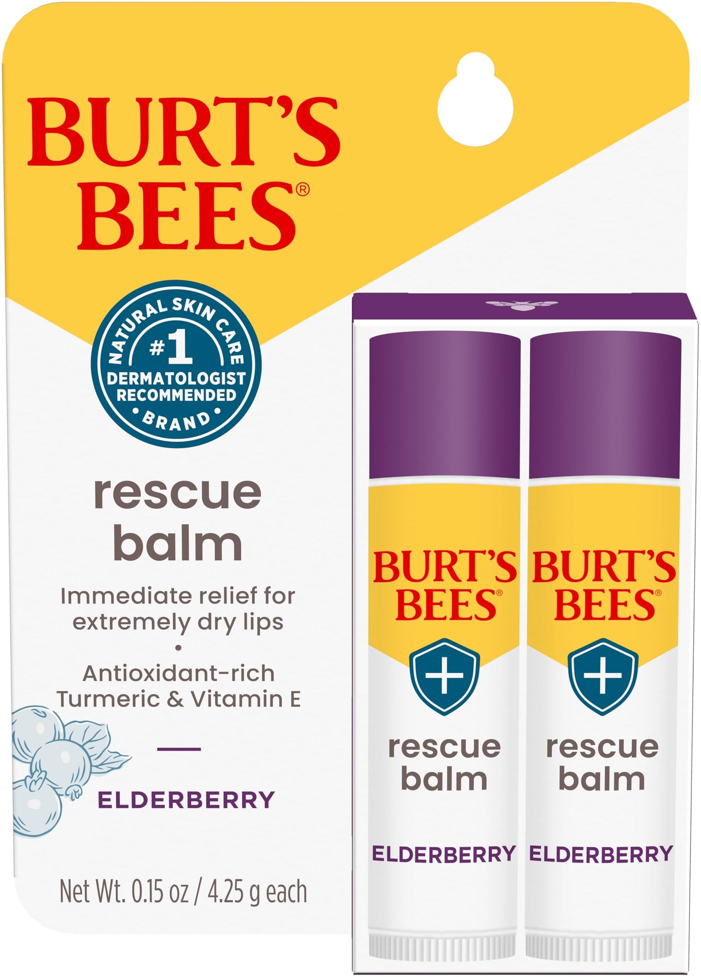 Burt's Bees 100% Natural Origin Rescue Lip Balm with Beeswax and Antioxidant-Rich Elderberry, 2 Tube in Blister Box, Package May Vary, Purple, 0.15 Oz