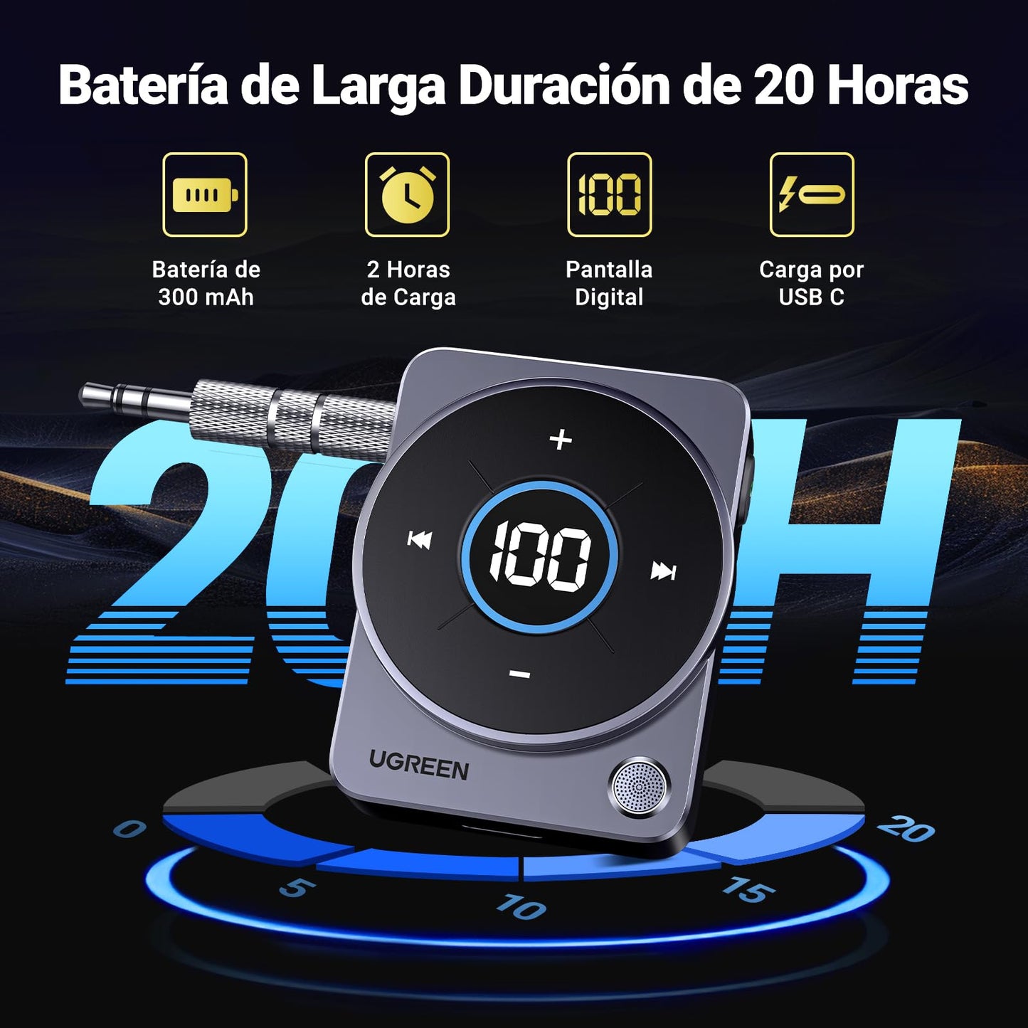 Adaptador Bluetooth UGREEN Azul Pantalla LED para Auto