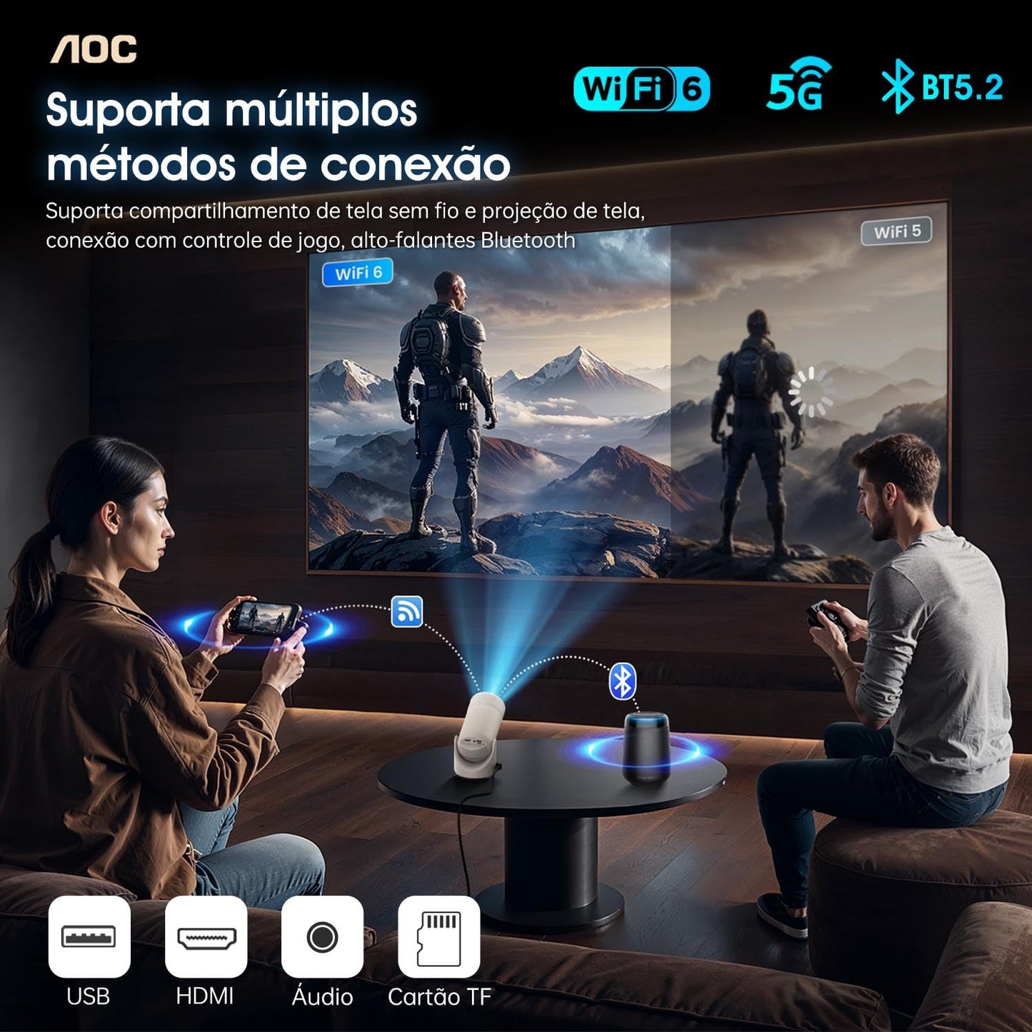 AOC Projetor Portátil WiFi/Bluetooth, Projetor 4K Full HD, 180° Rotação, 8000 Lúmens, 220 ANSI, Correção Keystone, para/Notebook