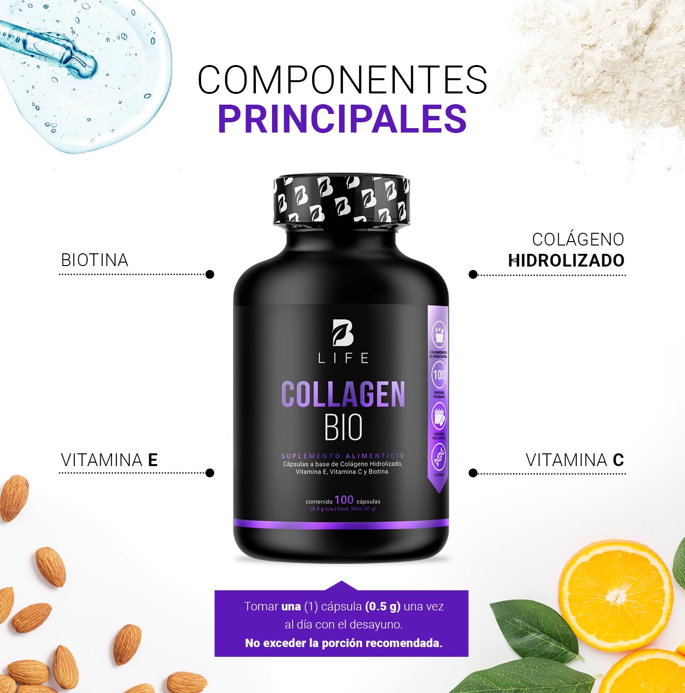 Biotina de 100 Cápsulas. Ingredientes naturales: Colágeno, Vitamina E y Vitamina C. Collagen Bio B Life.