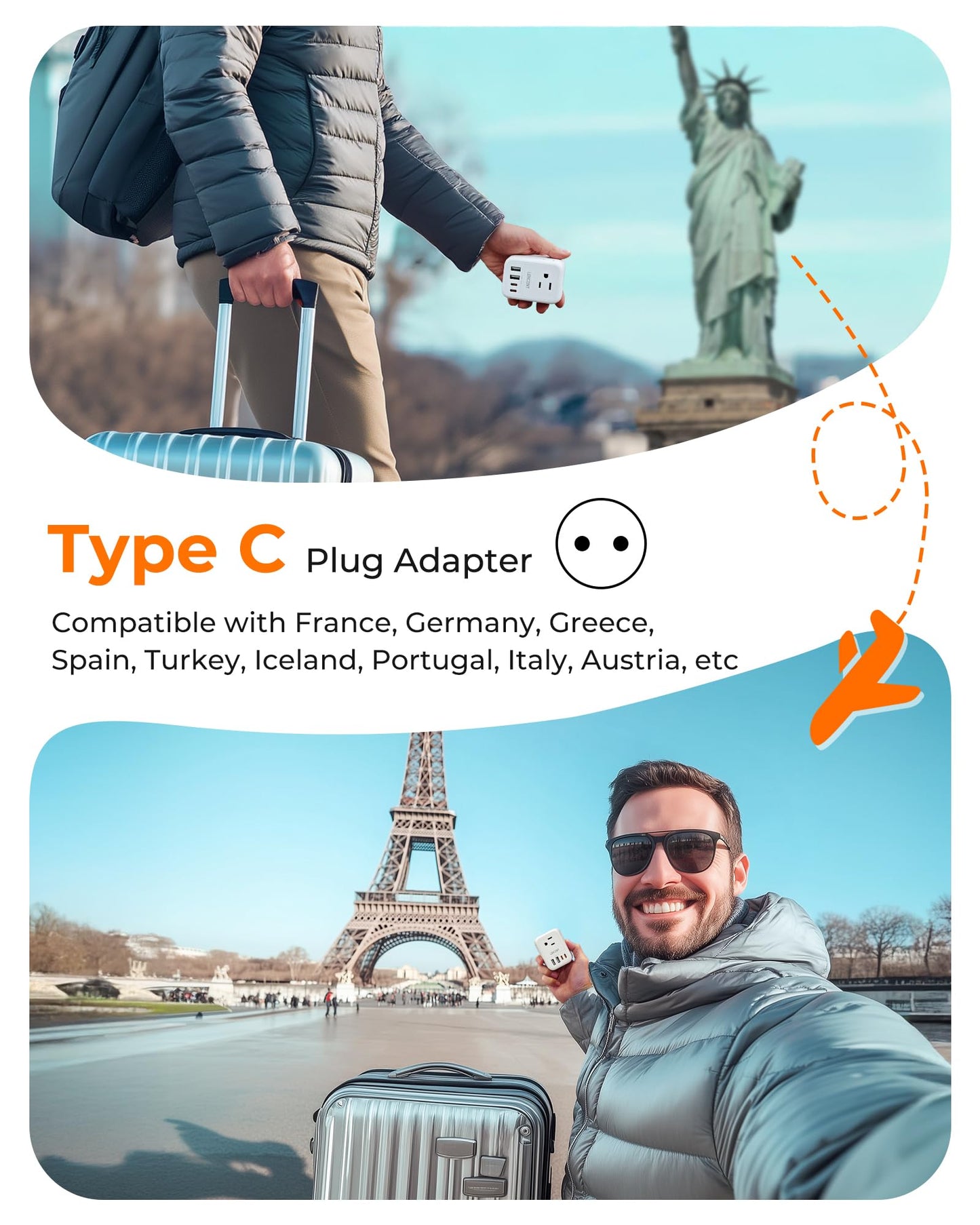 LENCENT 2X Adaptador de Viaje Enchufe Europeo, Cargador con 4 Salidas CA y 4 Puertos USB (2 USB-C), Convertidor de Enchufe Americano a Europeo para Europa España, Italia, Francia, Alemania