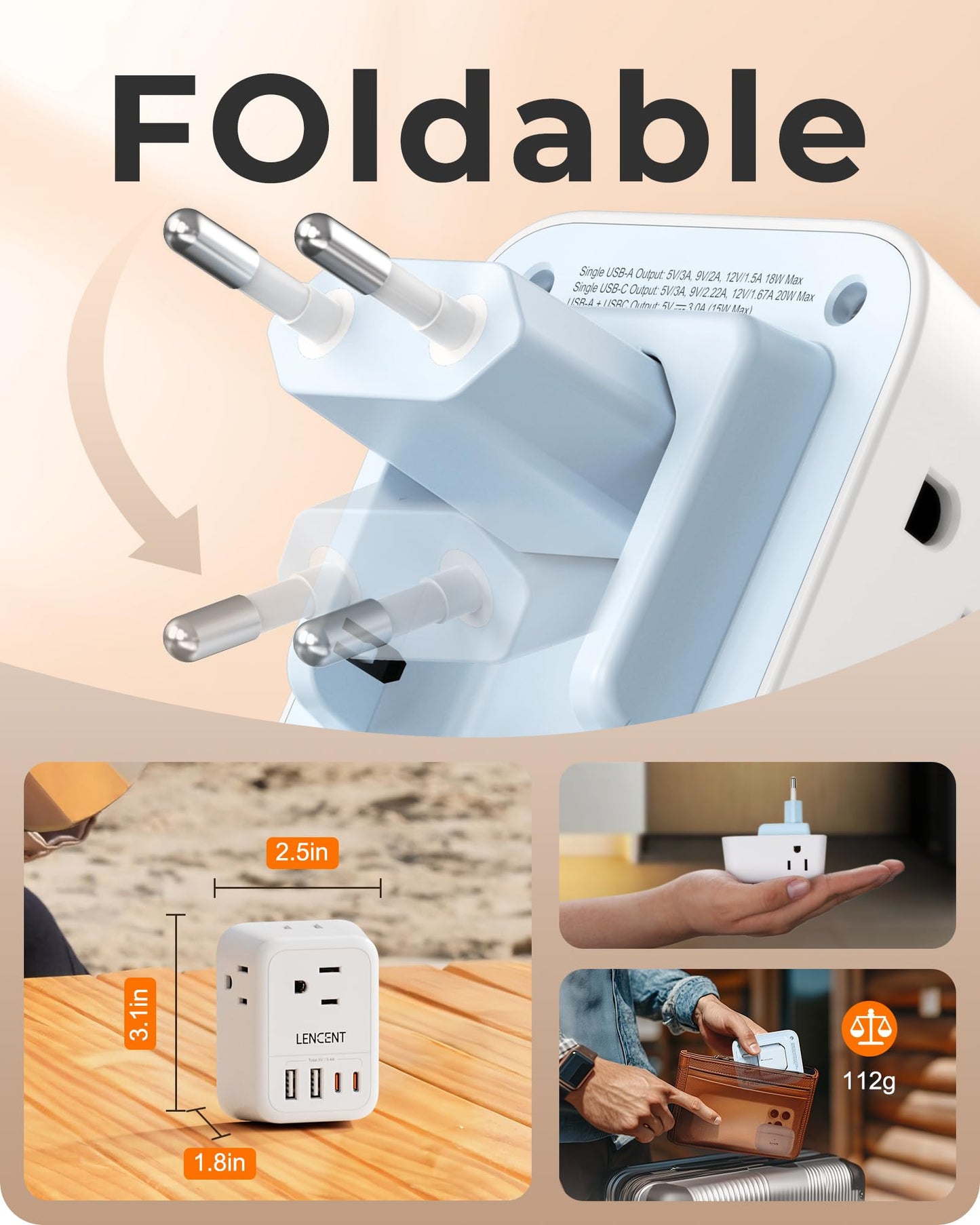 LENCENT 2X Adaptador de Viaje Enchufe Europeo, Cargador con 4 Salidas CA y 4 Puertos USB (2 USB-C), Convertidor de Enchufe Americano a Europeo para Europa España, Italia, Francia, Alemania