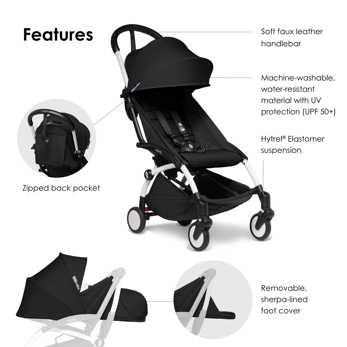 BABYZEN Cochecito Completo YOYO2 - Incluye Pack Recién Nacido 0+ (Negro), Chasis (Blanco) & Pack 6+ Color (Negro) - Para Niños Hasta 22 kg