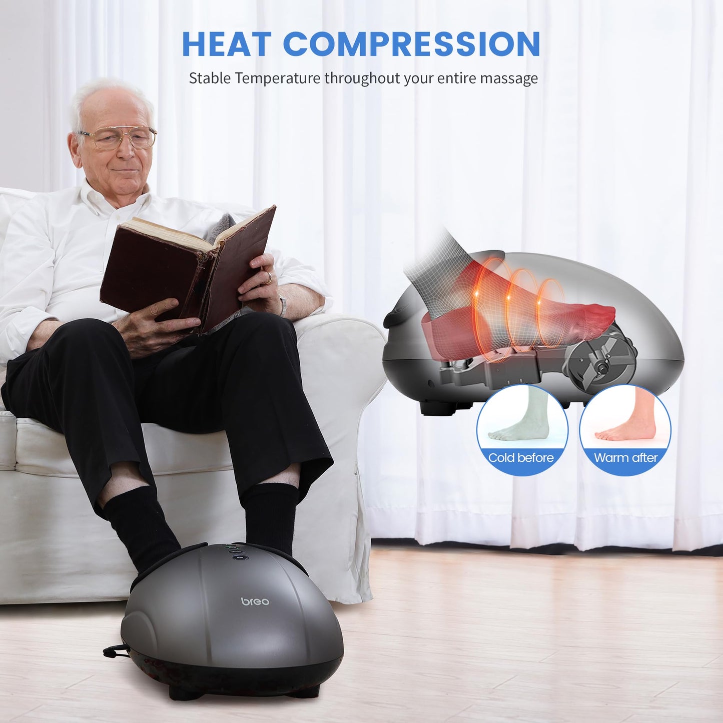 Breo Máquina masajeadora de pies con calor, Shiatsu de tejido profundo, masaje rodante para alivio, se adapta a pies hasta hombres talla 12