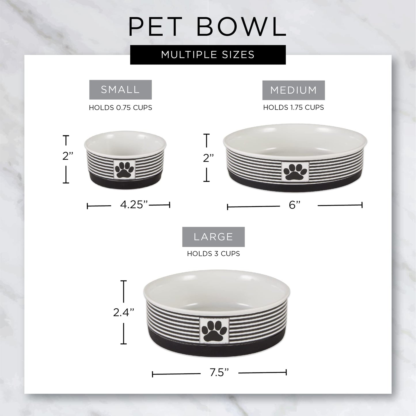 DII Bone Dry Paw Patch & Stripes Ceramic Pet Bowl for Food & Water with Non-Skid Silicone Rim for Dogs and Cats (Large - 7.5" Dia x 4"H) Gray