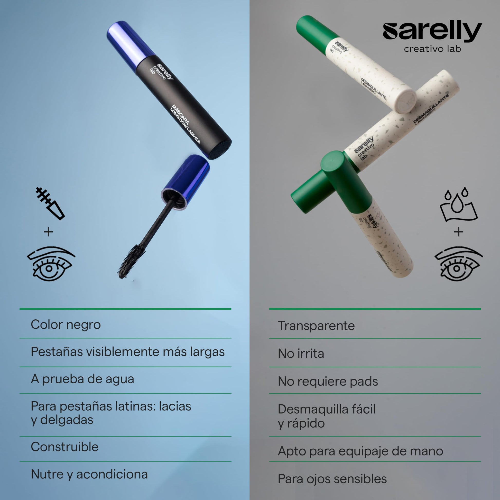 SARELLY CREATIVO LAB | Kit Mascara de Pestañas Long Cow Lashes + Desmaquillante de Ojos Lavadero | Completa tu Cosmetiquera de Viaje - Cosmetiquera para Maquillaje y Bolsa de Maquillaje | Kit Skincare