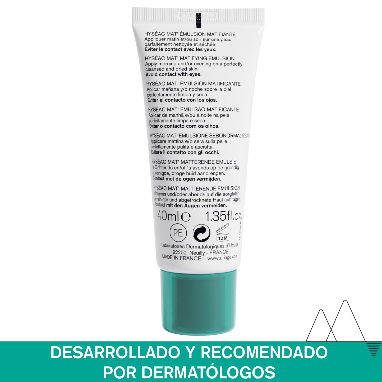 Uriage Hyseac Crema Facial Emulsión Matificante - Emulsión fluida-ligera, con efecto mate-aterciopelado - Para pieles mixtas a grasas - Controla los brillos, disminuye la apariencia de los poros y proporciona una hidratación duradera - No Comedogénico