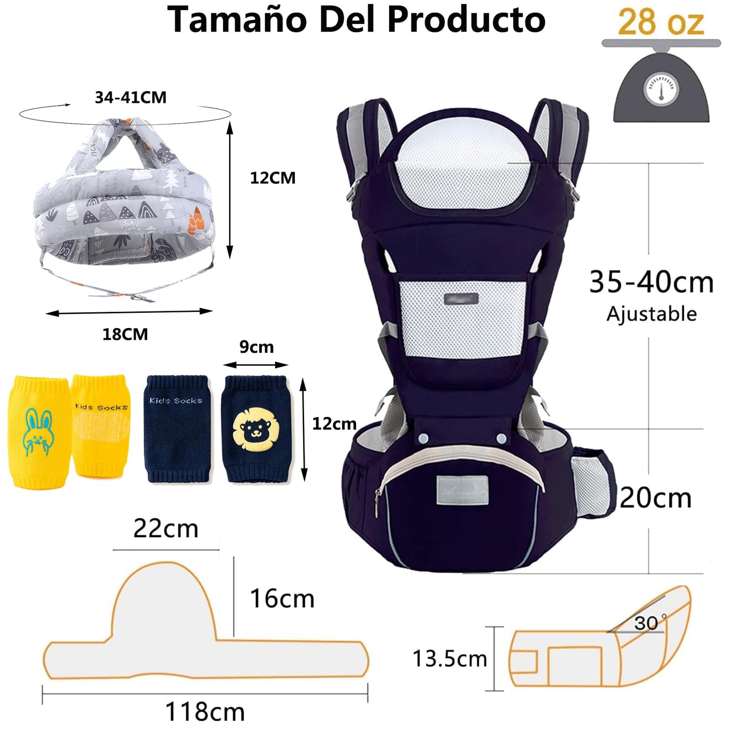 Mochila Portabebé Multiusos Asiento de Cadera Azul Oscuro Ajustable y Transpirable