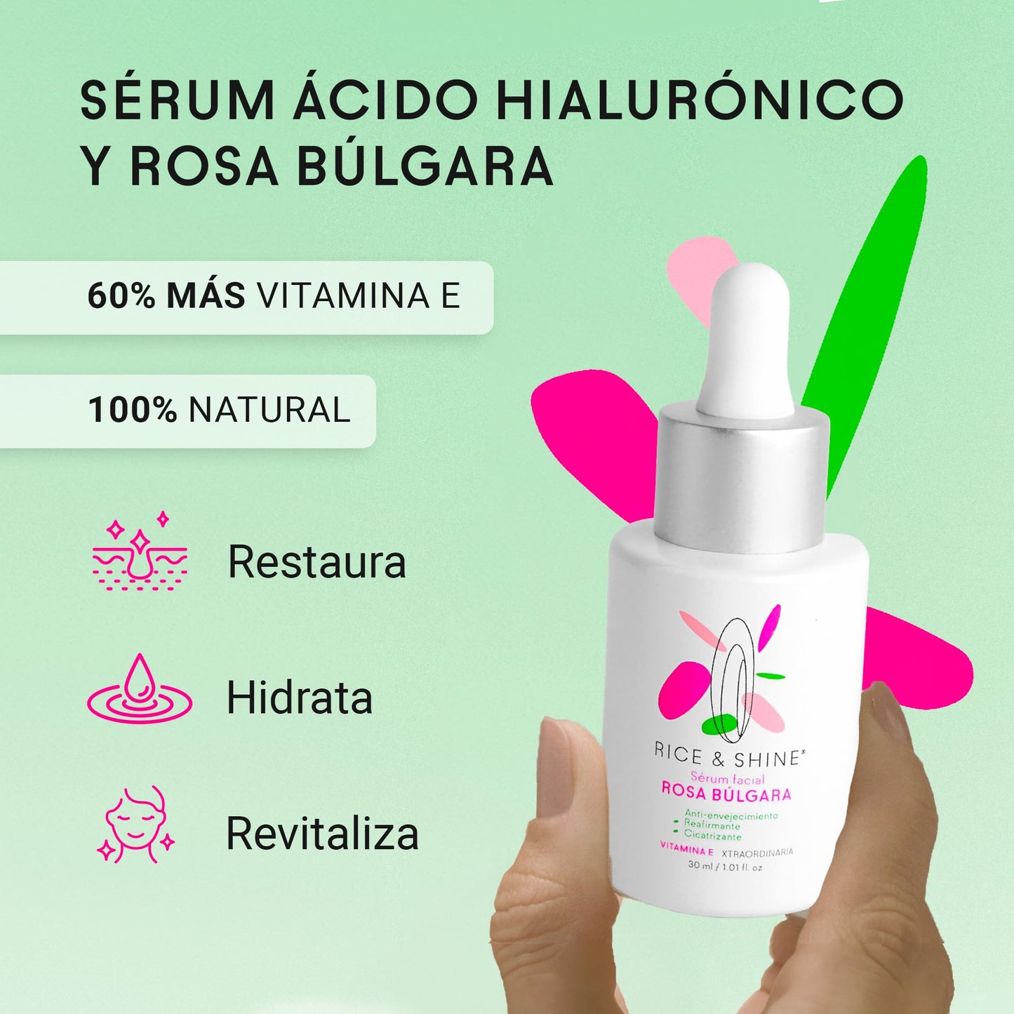 RICE & SHINE | Serum Acido Hialuronico y Rosa Búlgara | Con 60% más Vitamina E que el Aceite de Argán - 100% Natural | Hidratante Facial | Skincare
