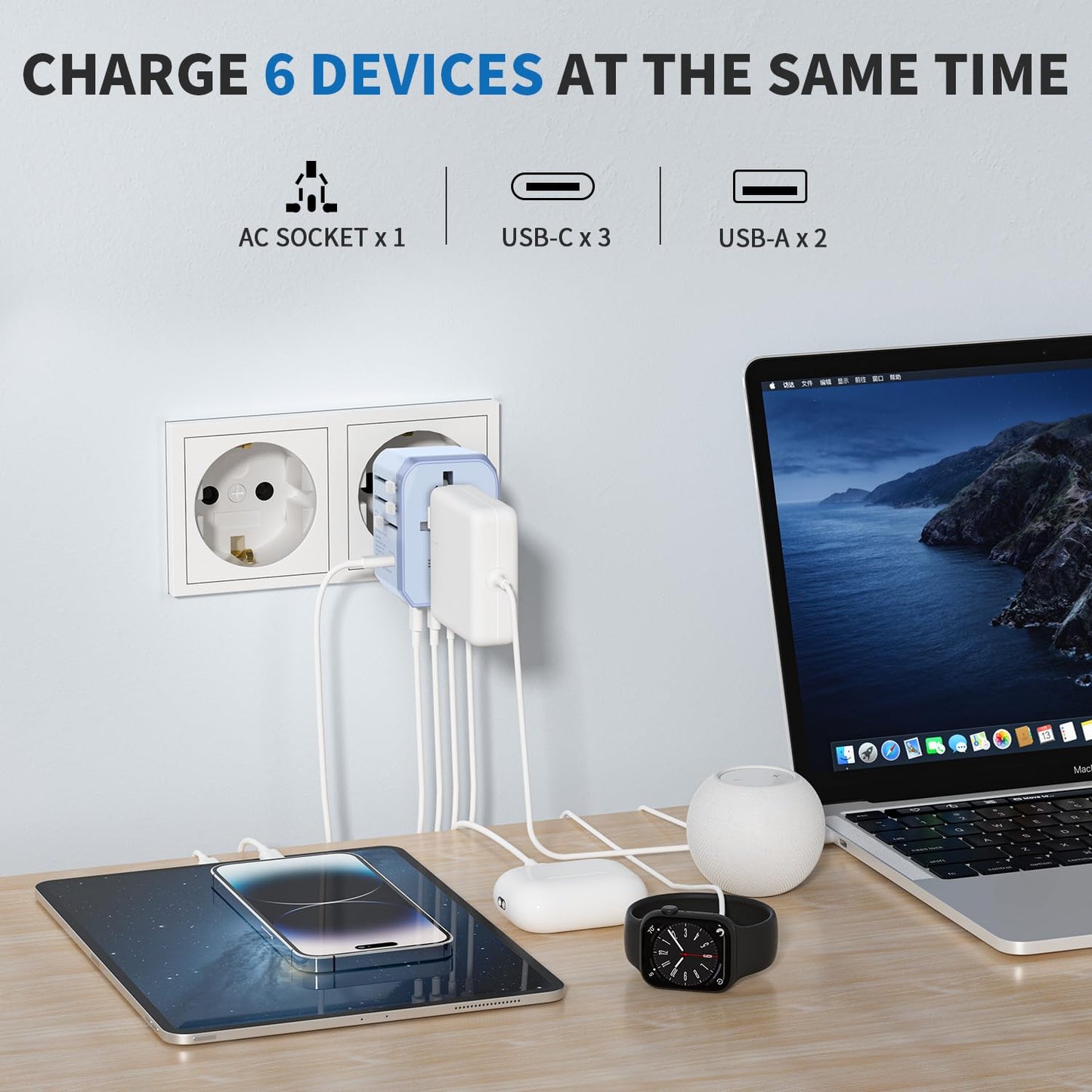 EPICKA - Adaptador Universal de Viaje, Adaptador de Enchufe Internacional con 3 Puertos USB-C y 2 Puertos USB-A, UE Reino Unido, AUS (TA-105C, Azul)