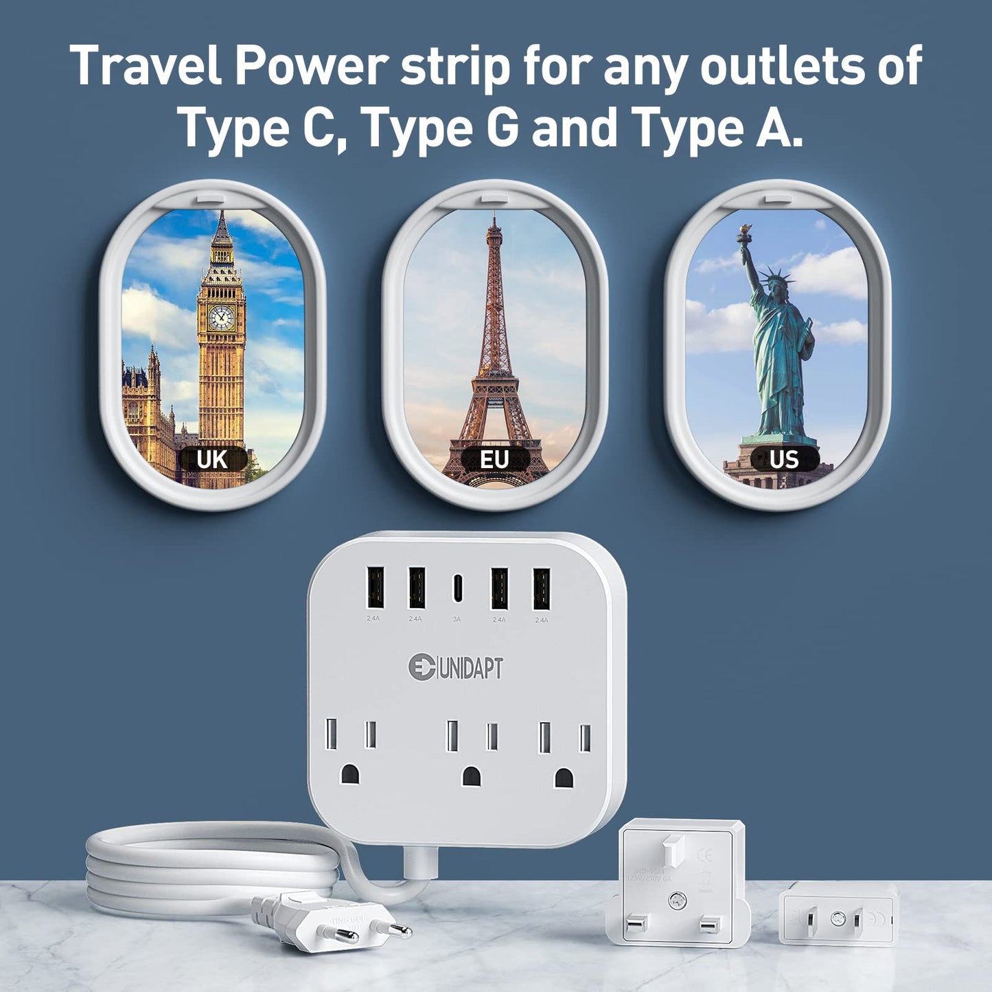 Adaptador de Enchufe Europeo Unidapt Blanco con USB C y 4 Puertos USB, Extensión de 5 Pies