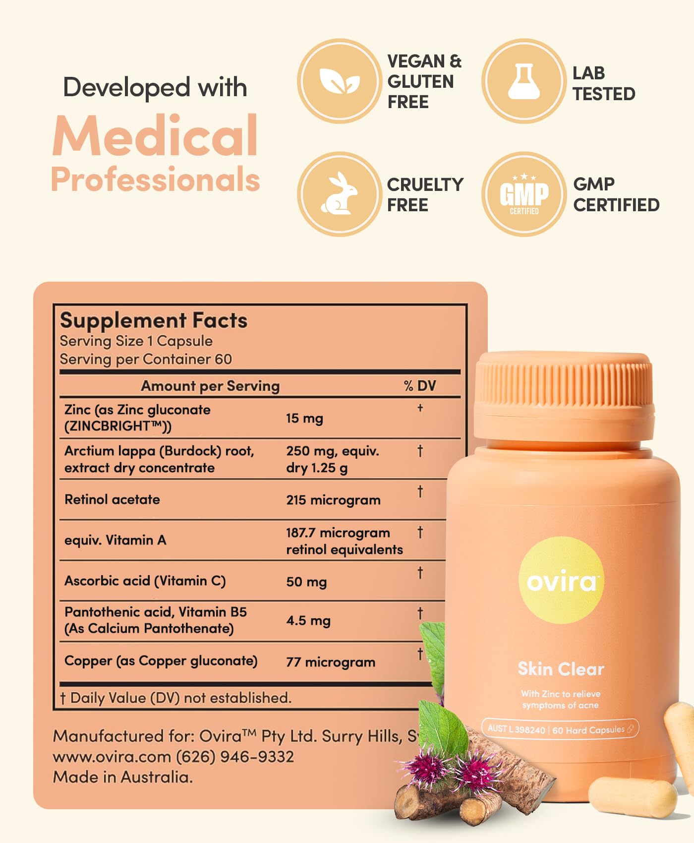 Ovira- “Skin Clear con ZINCBRIGHT 60 Cápsulas para Piel Clara y Brillante | Rosácea y Hormonal Acné Trea