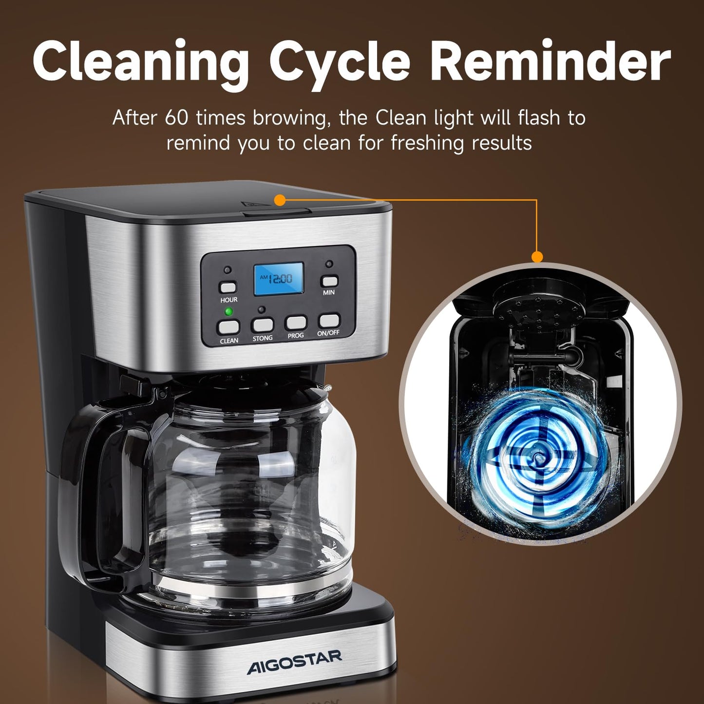 Aigostar Cafetera de goteo, Pantalla LCD, Filtro Reutilizable, Programable, Función Auto Limpieza (Descalcificación), Capacidad 1,8L(12 tazas), Función Mantener Caliente. Sin BPA