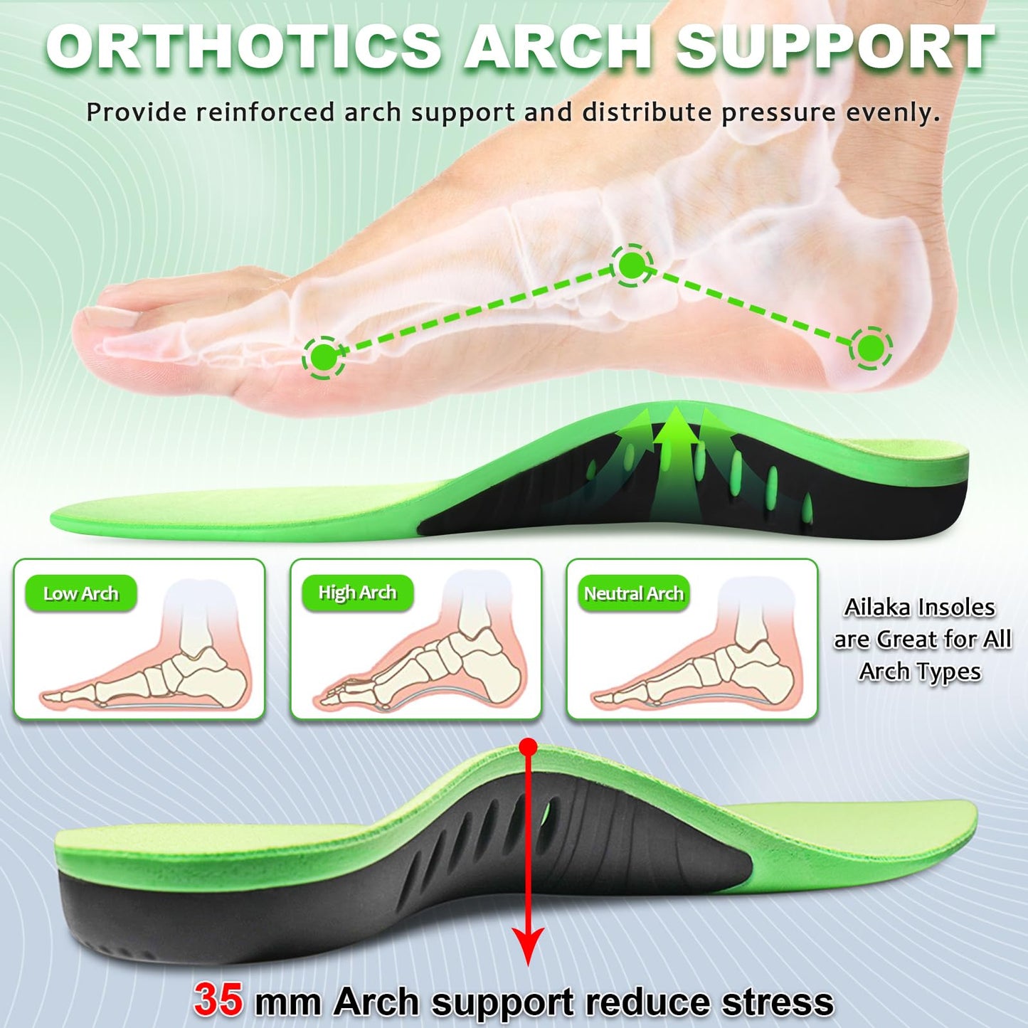Ailaka - Plantillas ortopédicas para zapatos con apoyo de arco para hombres y mujeres, inserciones deportivas con gel de absorción de golpes para pies planos, fascitis plantar, alivio del dolor de talón