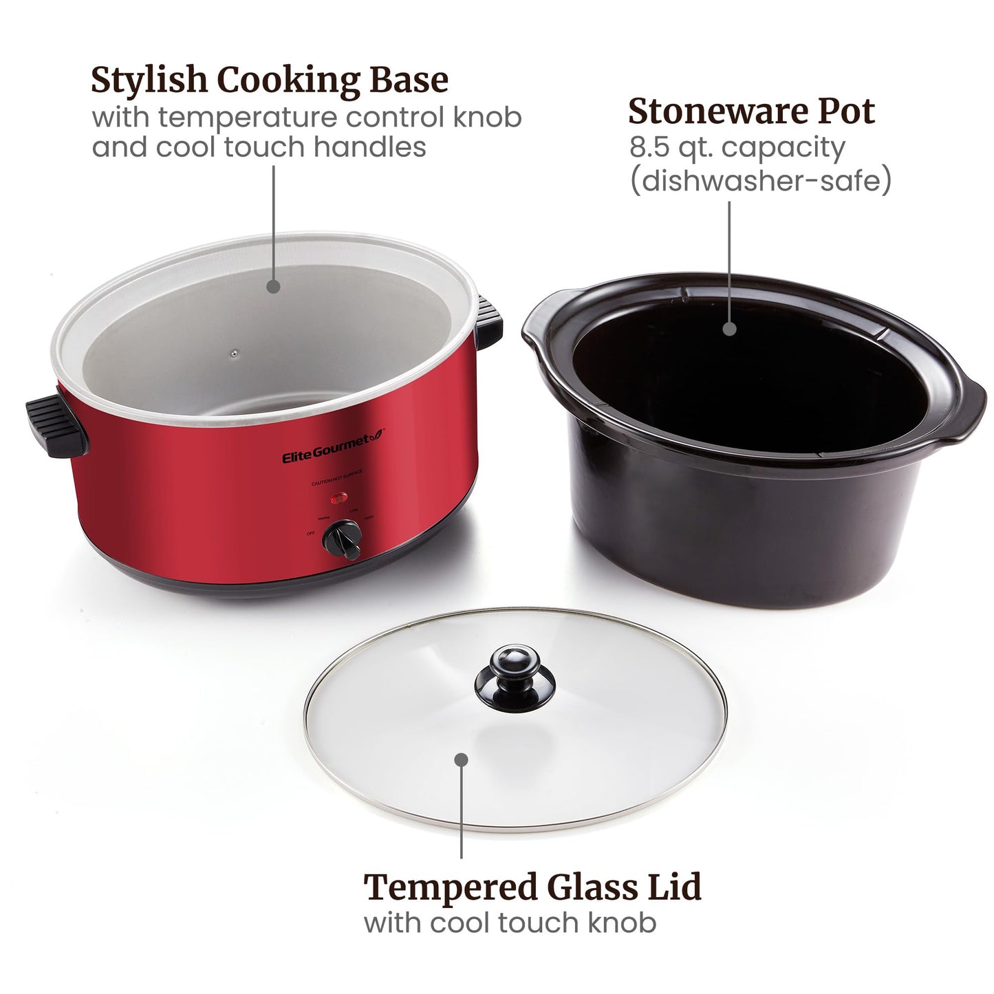 Elite Gourmet MST-900RXT# - Olla lenta de cerámica eléctrica XL, temperatura ajustable, entrantes, salsas, guisos y inmersiones, tapa de vidrio y vajilla aptas para lavaplatos, 8.5 cuartos de galón,