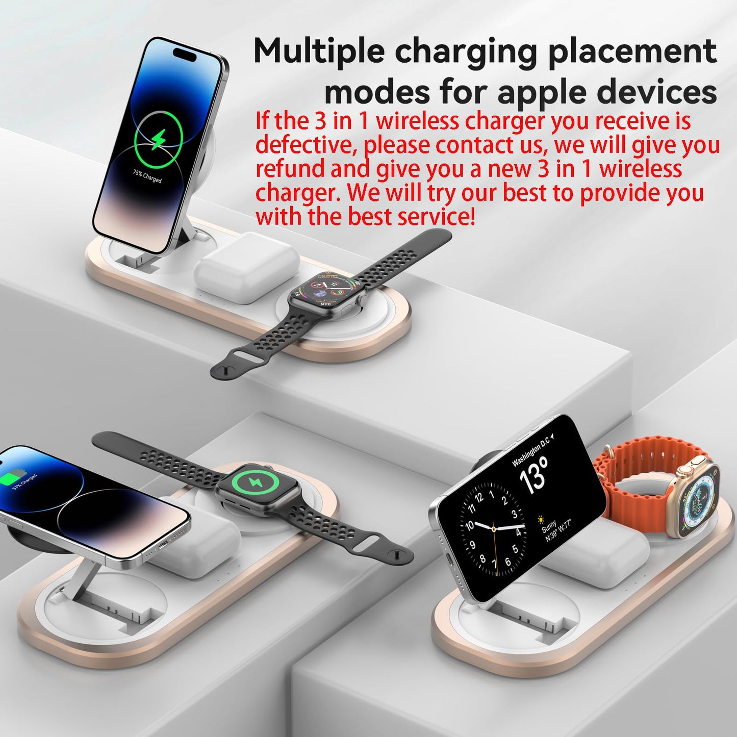 Cargador inalámbrico 3 en 1, estación de Carga magnética Plegable para Magsafe para iPhone 16/15/14/13/12/Pro MAX/Pro/Mini/Plus, Apple Watch 10/9/8/7/SE/6/5/4/3/2/1/Ultra2/Ultra, AirPods pro/2/3/4