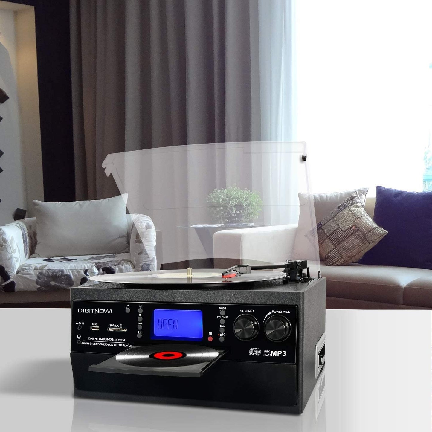 DIGITNOW - Tocadiscos Bluetooth con altavoz estéreo, convertidor de vinilo LP a MP3 con CD, casete, radio, entrada auxiliar y codificación USB/SD, control remoto, reproductor de música de audio