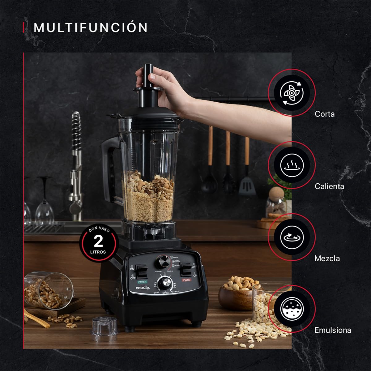 Cookify Licuadora Profesional de Alto Poder, Trituración Total Uso Rudo, Vaso 2 Lts. (PB004)