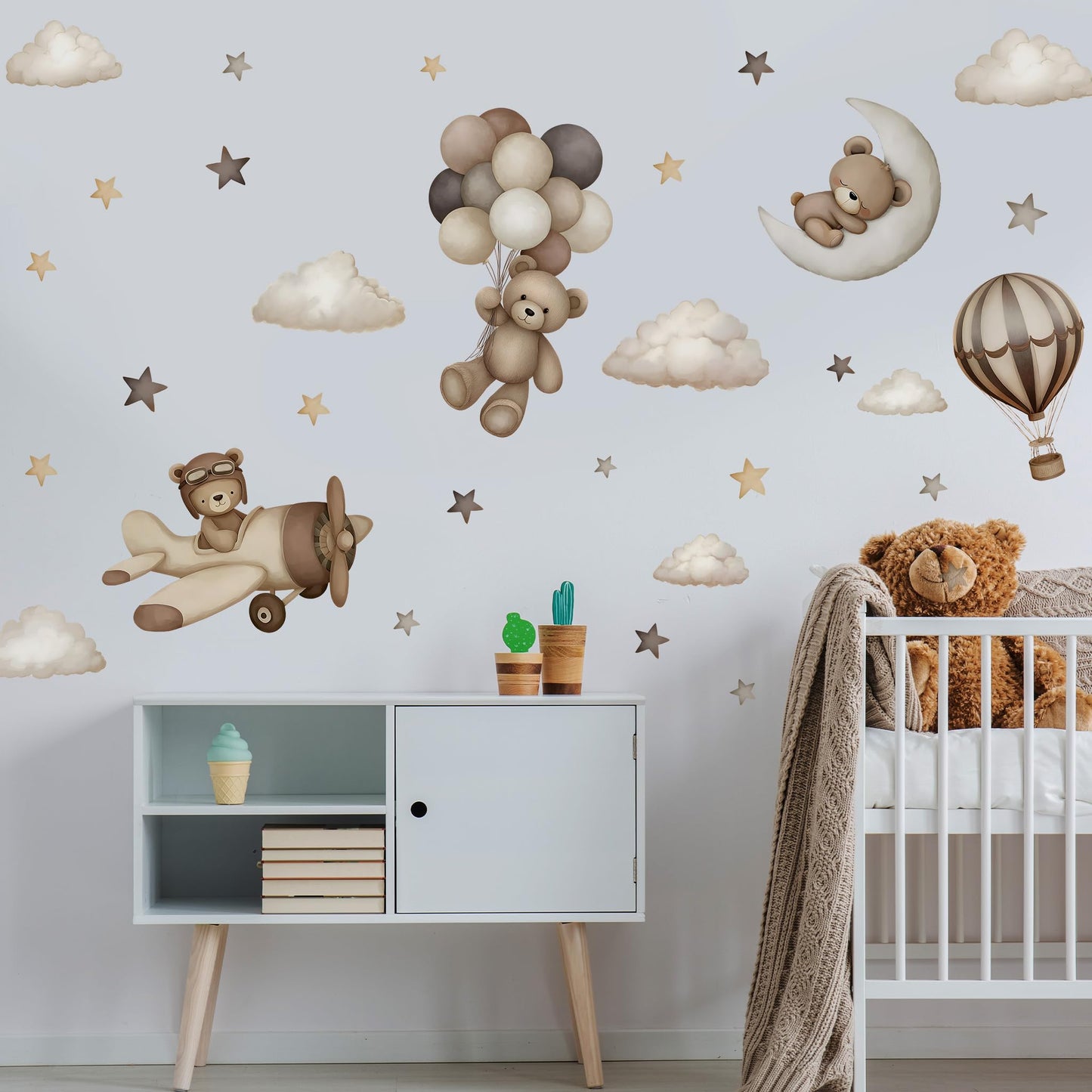 Calcomanías de pared de oso de peluche, diseño de oso de dibujos animados, globos de aire, estrella, luna, decoración de pared para habitación de niños, niñas y niños, habitación de bebé, decoración