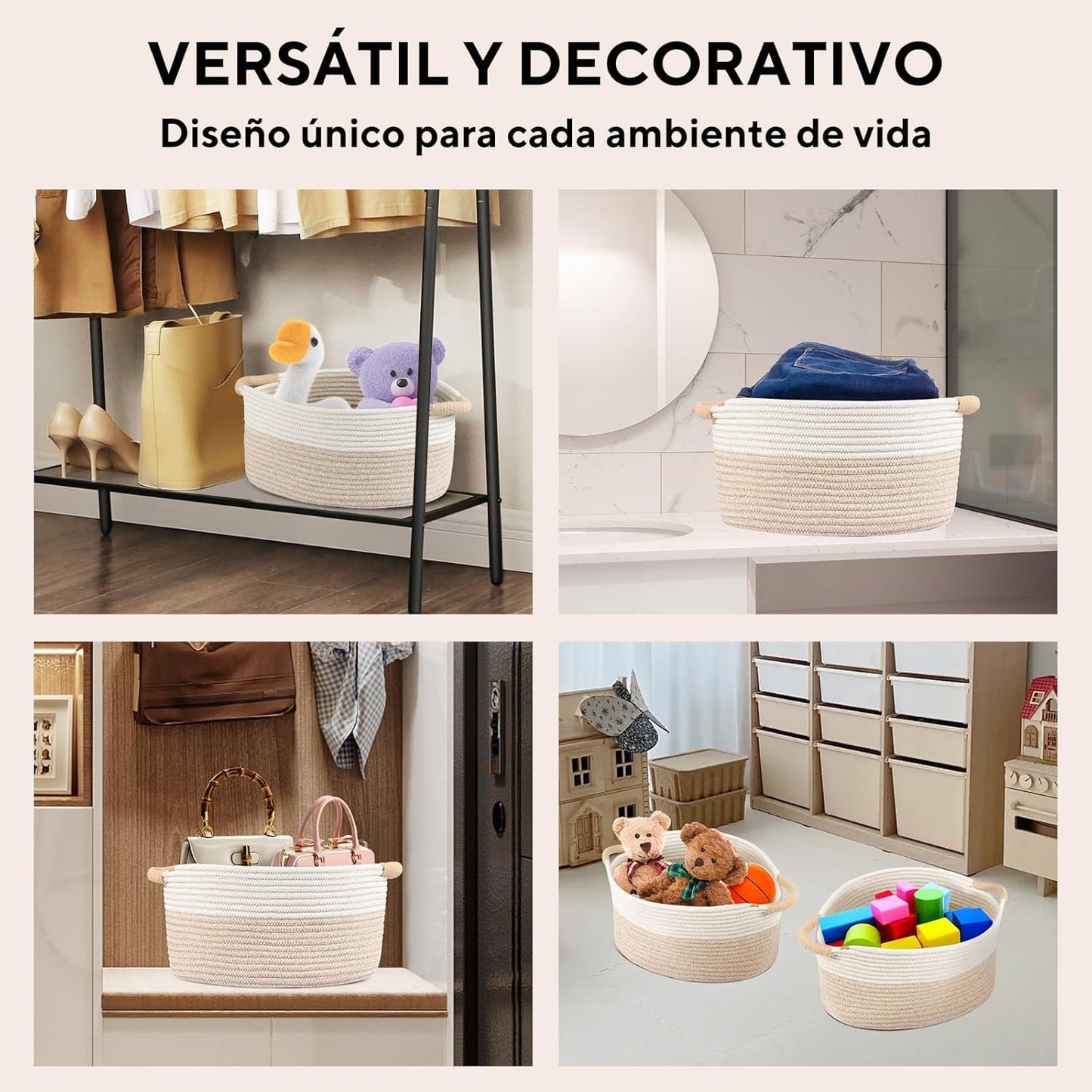 3 Canastas Organizadoras de Cuerda de Algodón Natural con Asas, Cestas Tejidas Multiusos para Ropa, Juguetes y Baño, Juego de 3 Tamaños, Decorativas para Dormitorio y Guardería (Caqui y Blanco)