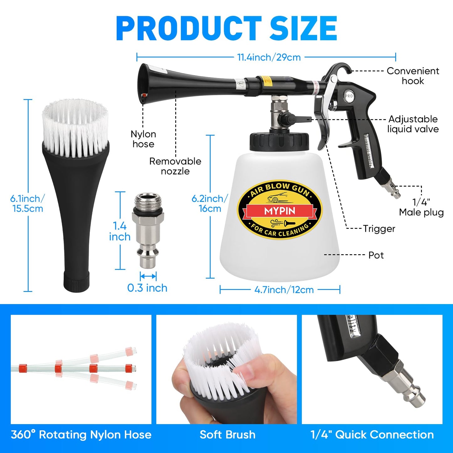 Kit de Pistola de Limpieza de Coche MYPIN Alta Presión con Boquillas para Tapicería y Asientos de Vehículos